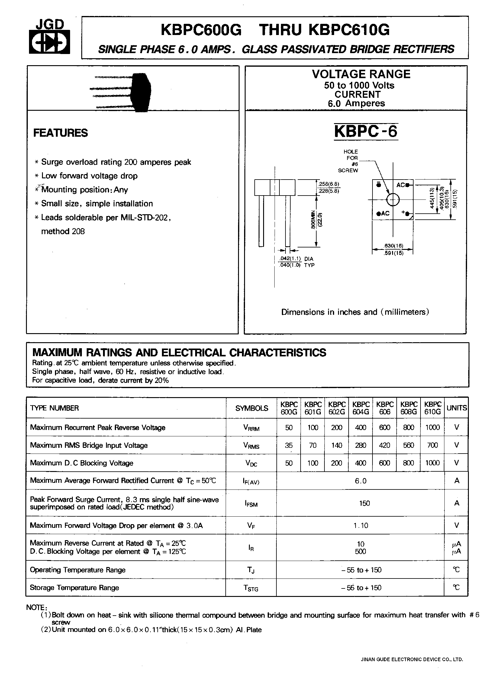 Datasheet KBPC600G - SINGLE PHASE 6.0 AMPS. GLASS PASSIVATED BRIDGE RECTIFIERS page 1
