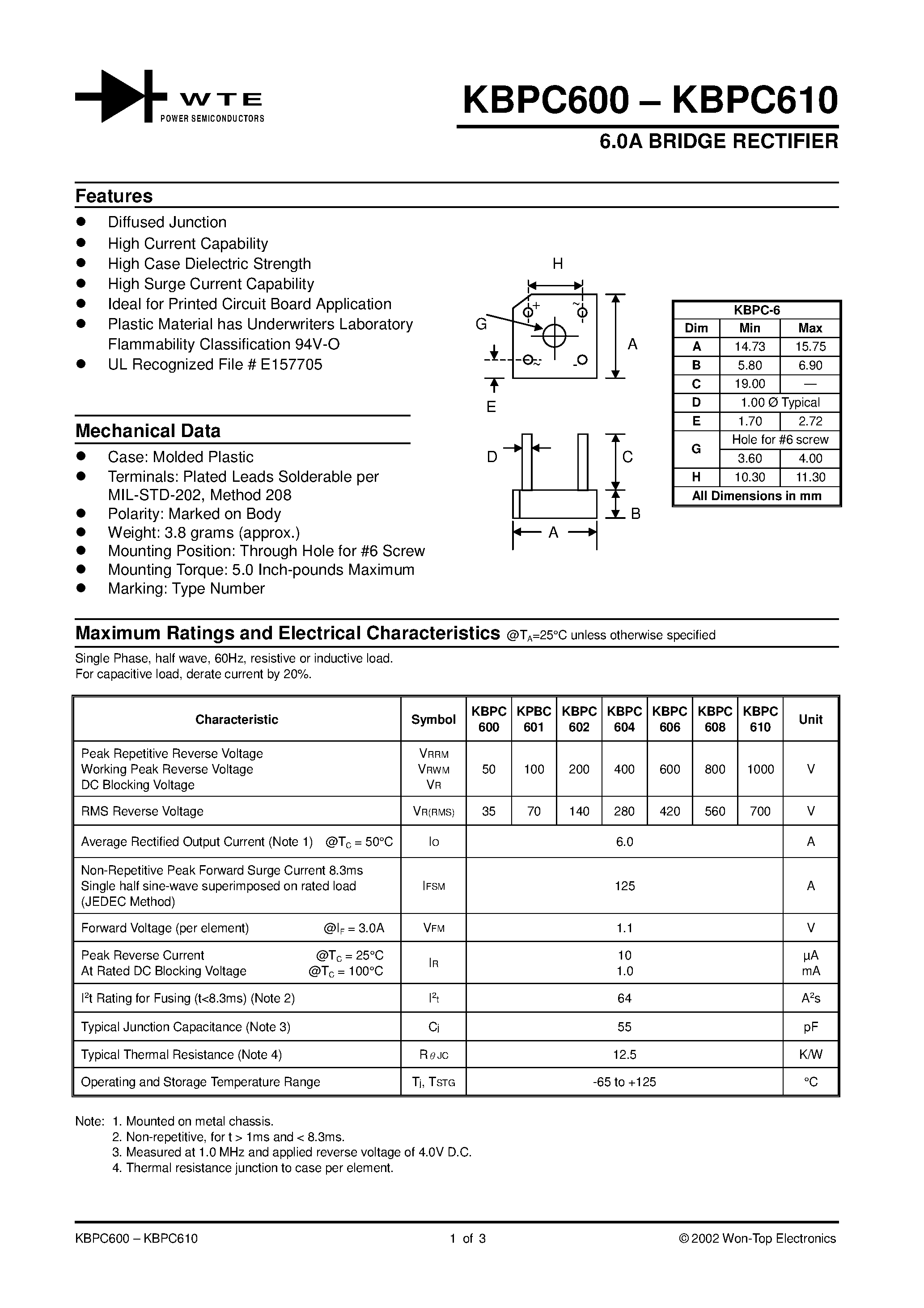 Datasheet KBPC602 - 6.0A BRIDGE RECTIFIER page 1