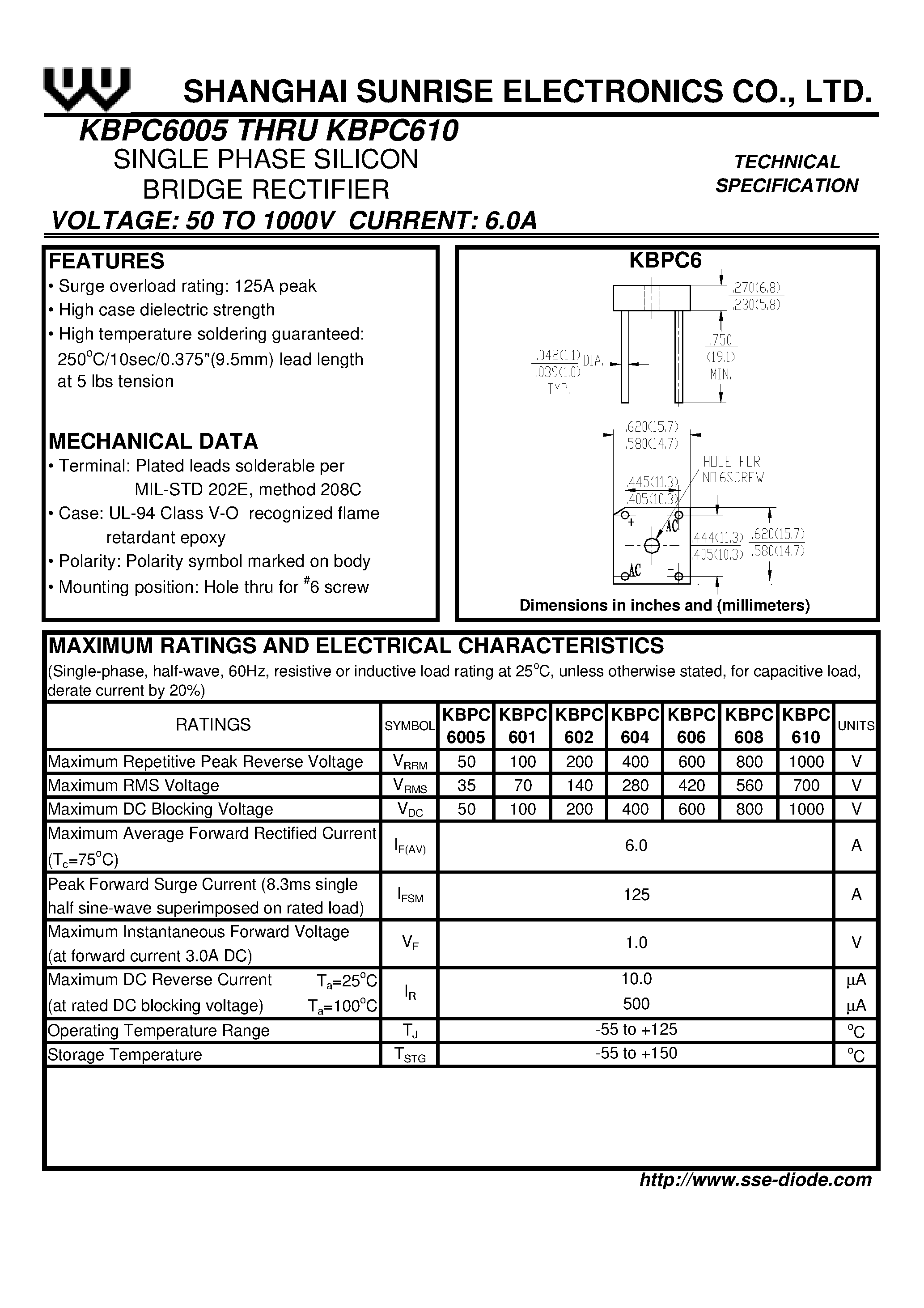 Datasheet KBPC602 page 1 Datasheet KBPC602 - SINGLE PHASE SILICON BRIDGE RECTIFIER page 1