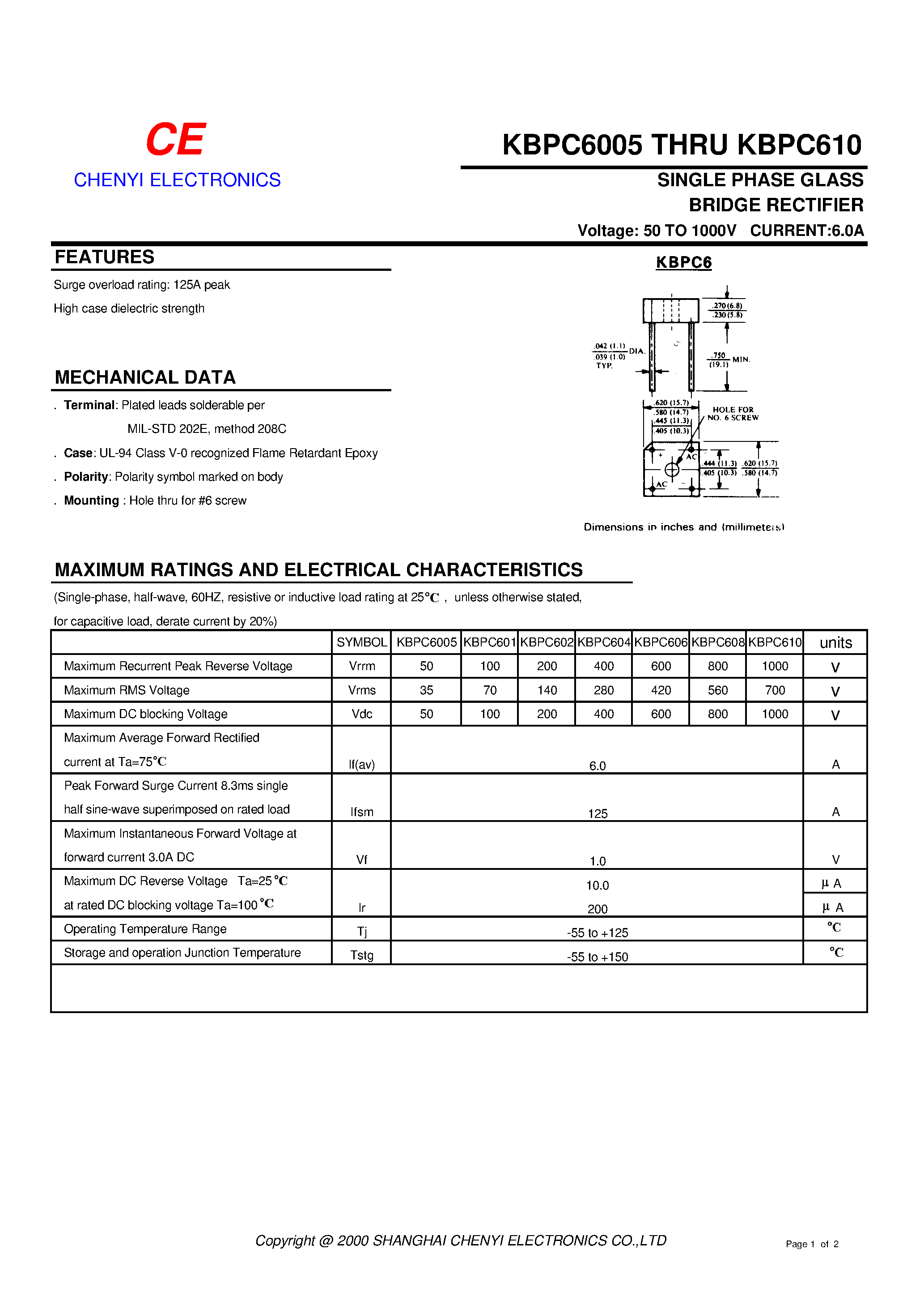 Datasheet KBPC604 page 1 Datasheet KBPC604 - SINGLE PHASE GLASS BRIDGE RECTIFIER page 1