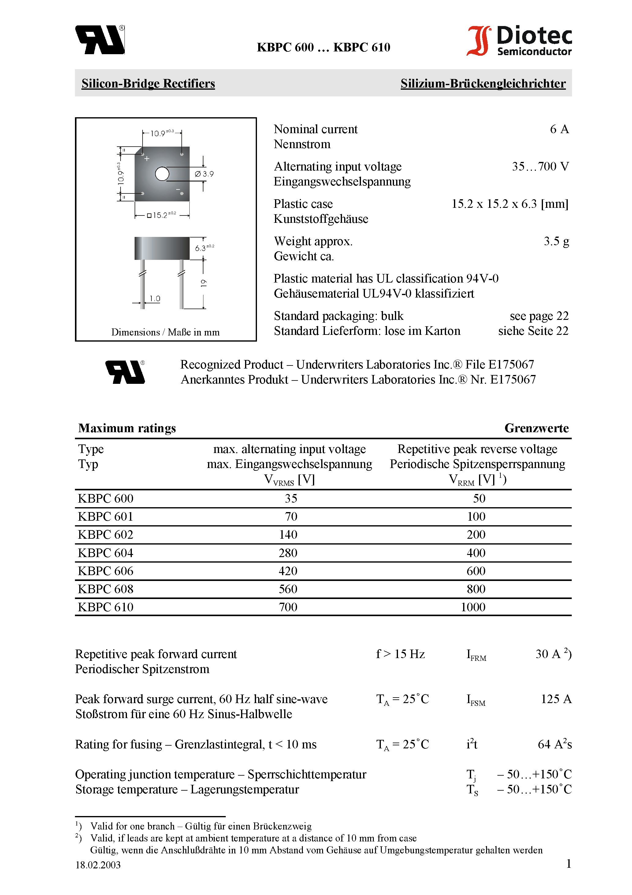Datasheet KBPC608 - Silicon-Bridge Rectifiers page 1