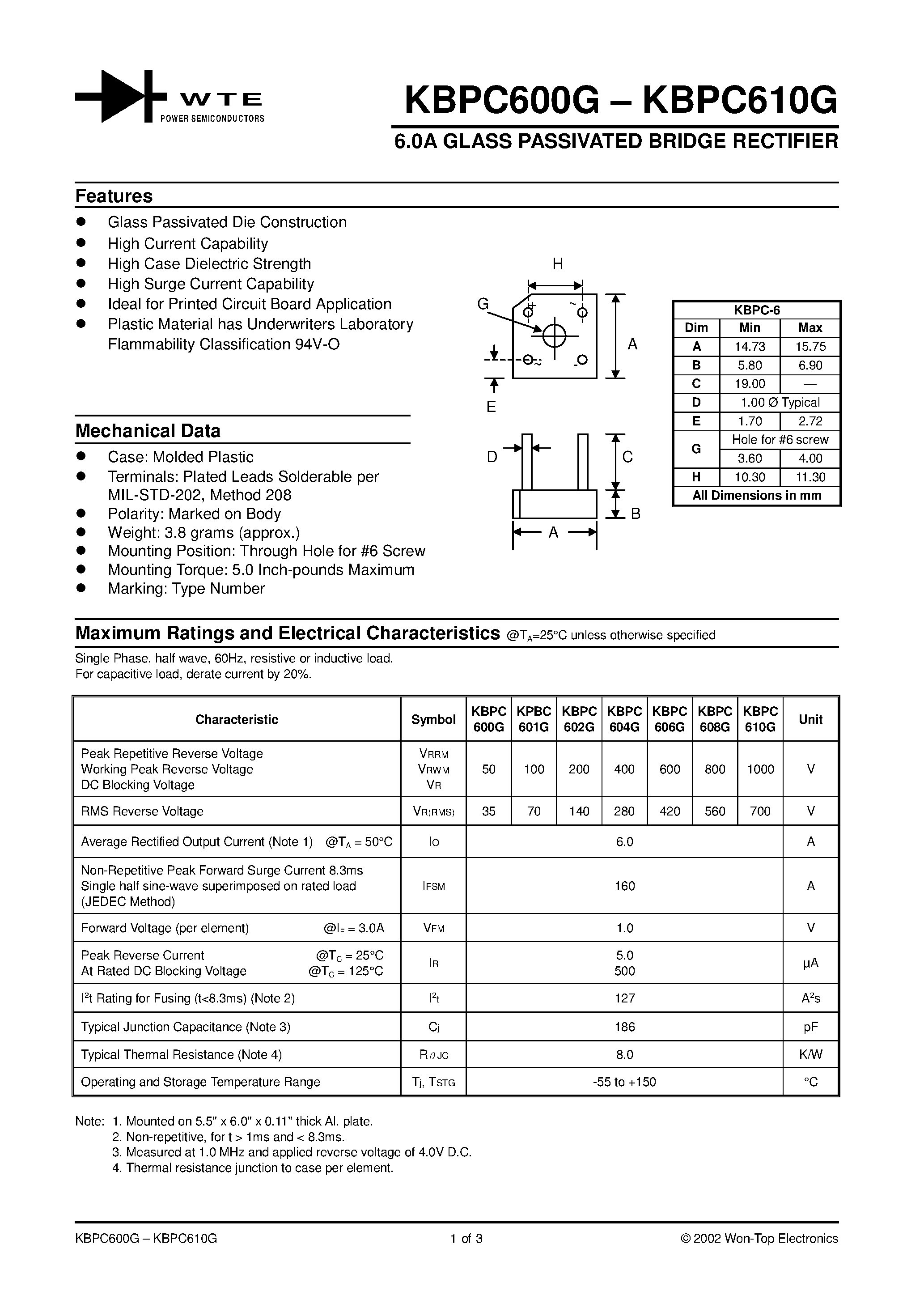 Datasheet KBPC608G - 6.0A GLASS PASSIVATED BRIDGE RECTIFIER page 1