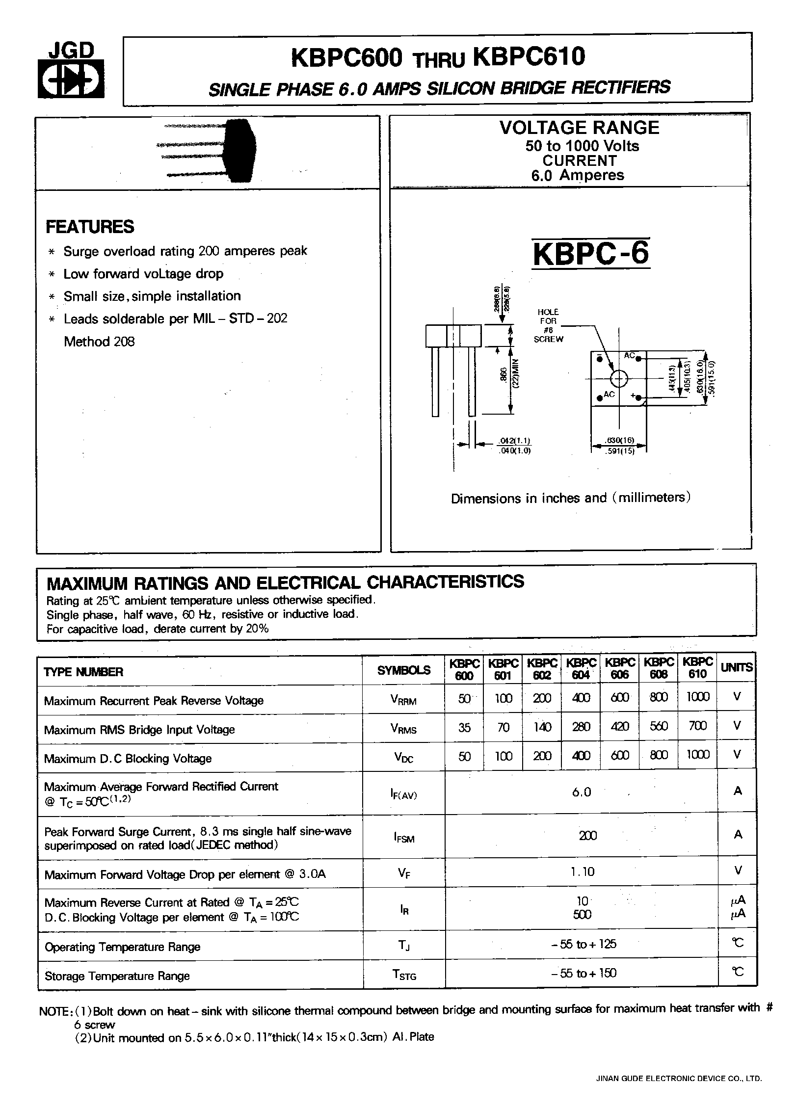 Datasheet KBPC610 - SINGLE PHASE 6.0 AMPS. SILICON BRIDGE RECTIFIERS page 1