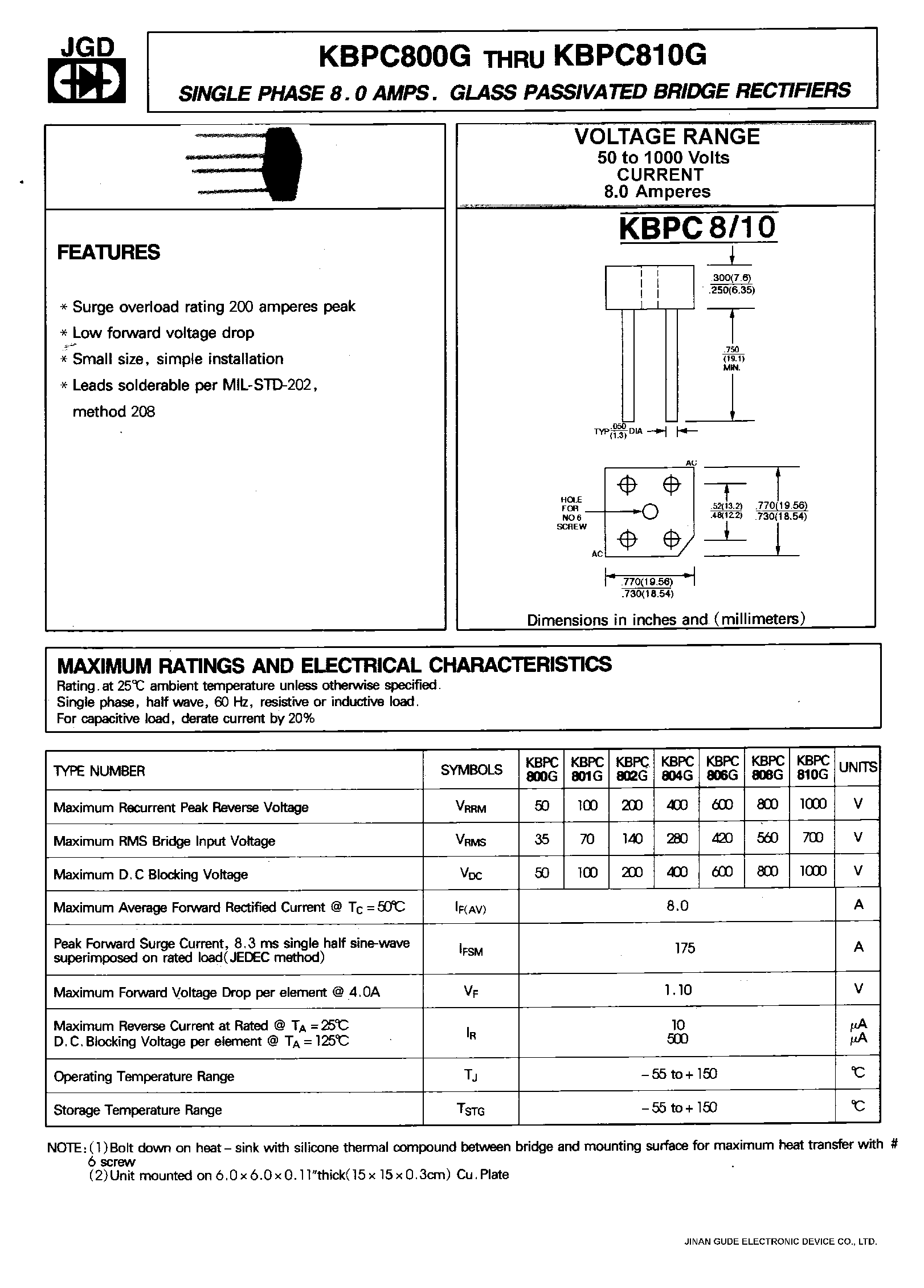 Datasheet KBPC801G page 1 Datasheet KBPC801G - SINGLE PHASE 8.0 AMPS. GLASS PASSIVATED BRIDGE RECTIFIERS page 1