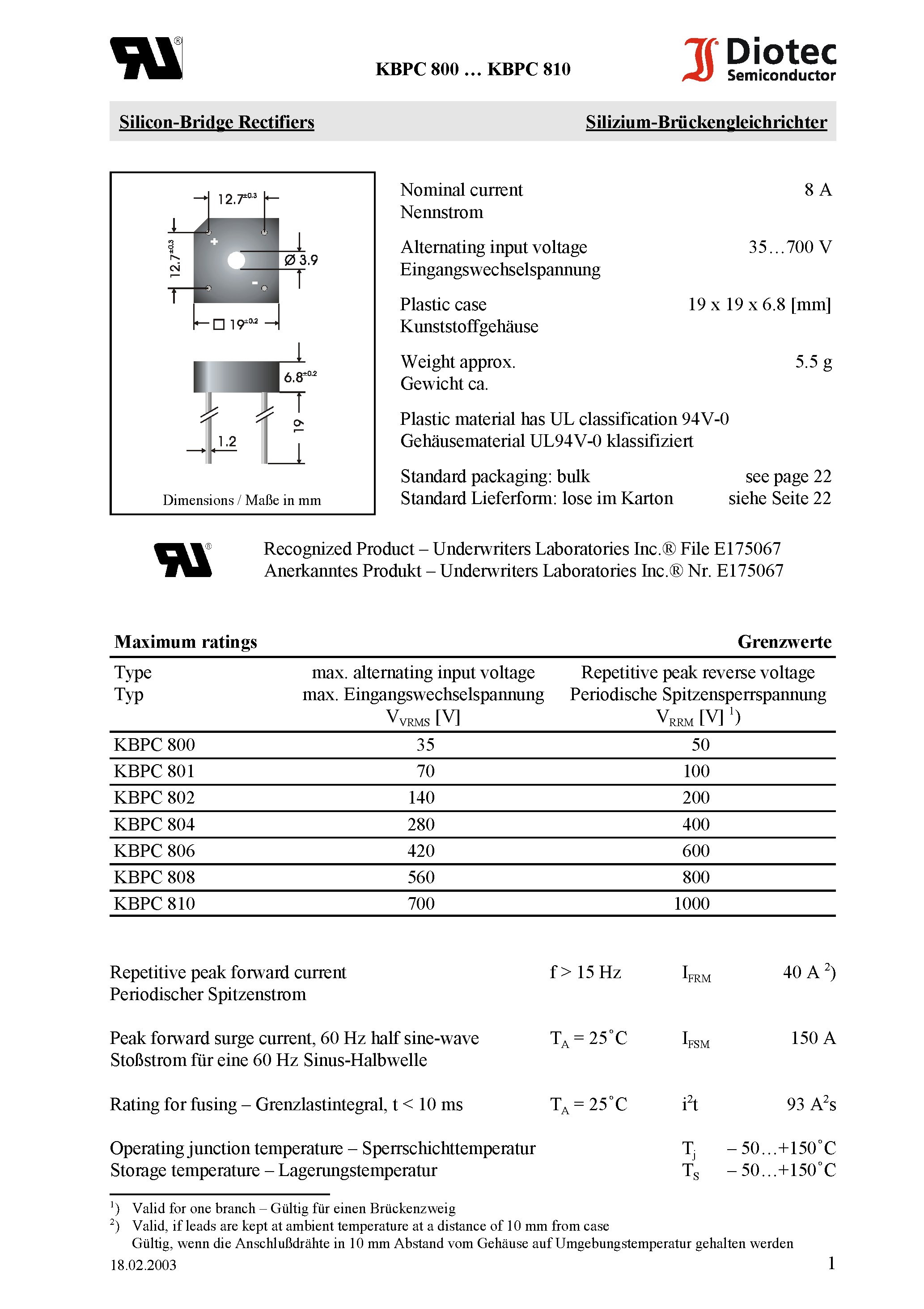Datasheet KBPC808 - Silicon-Bridge Rectifiers page 1