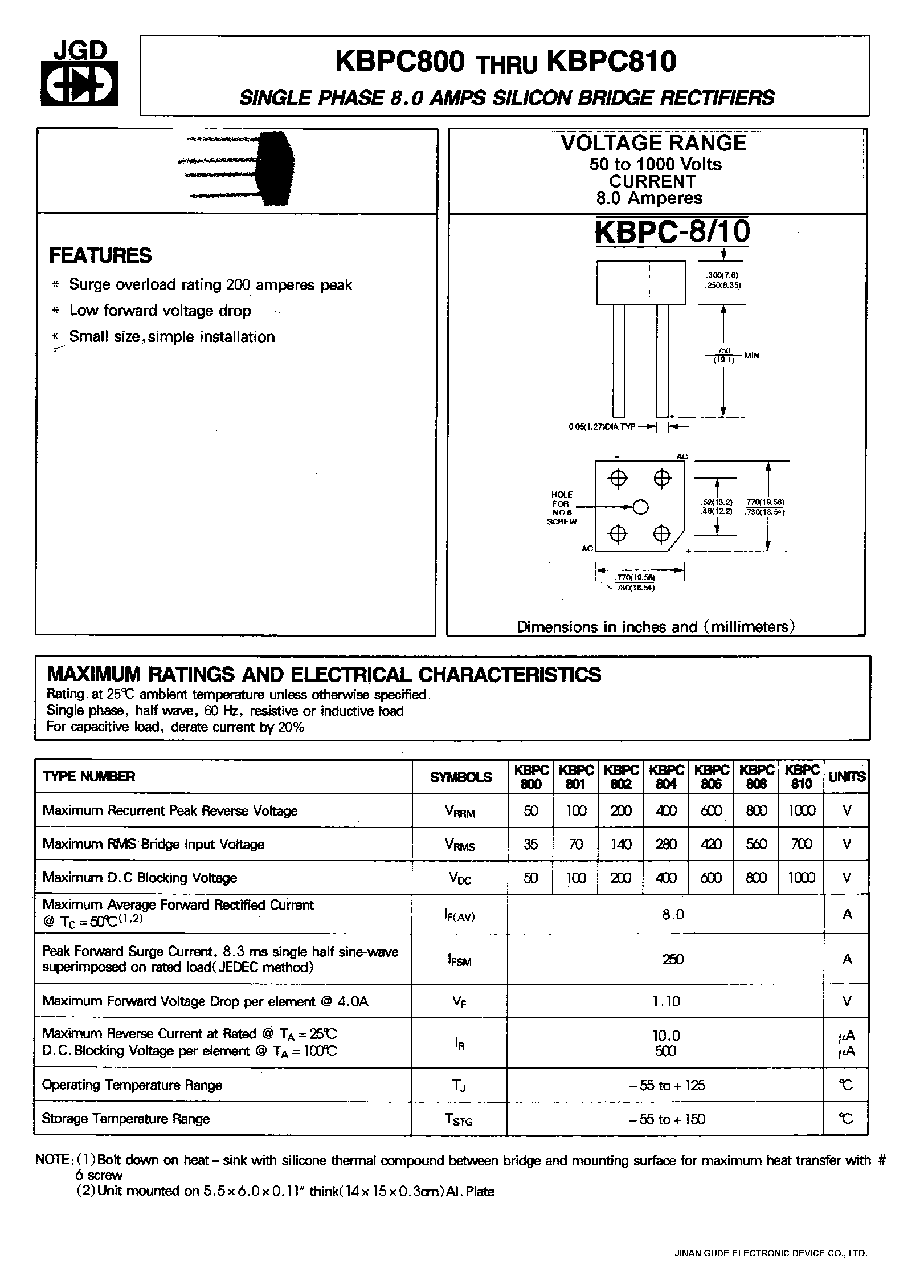 Datasheet KBPC810 page 1 Datasheet KBPC810 - SINGLE PHASE 8.0 AMPS. SILICON BRIDGE RECTIFIERS page 1