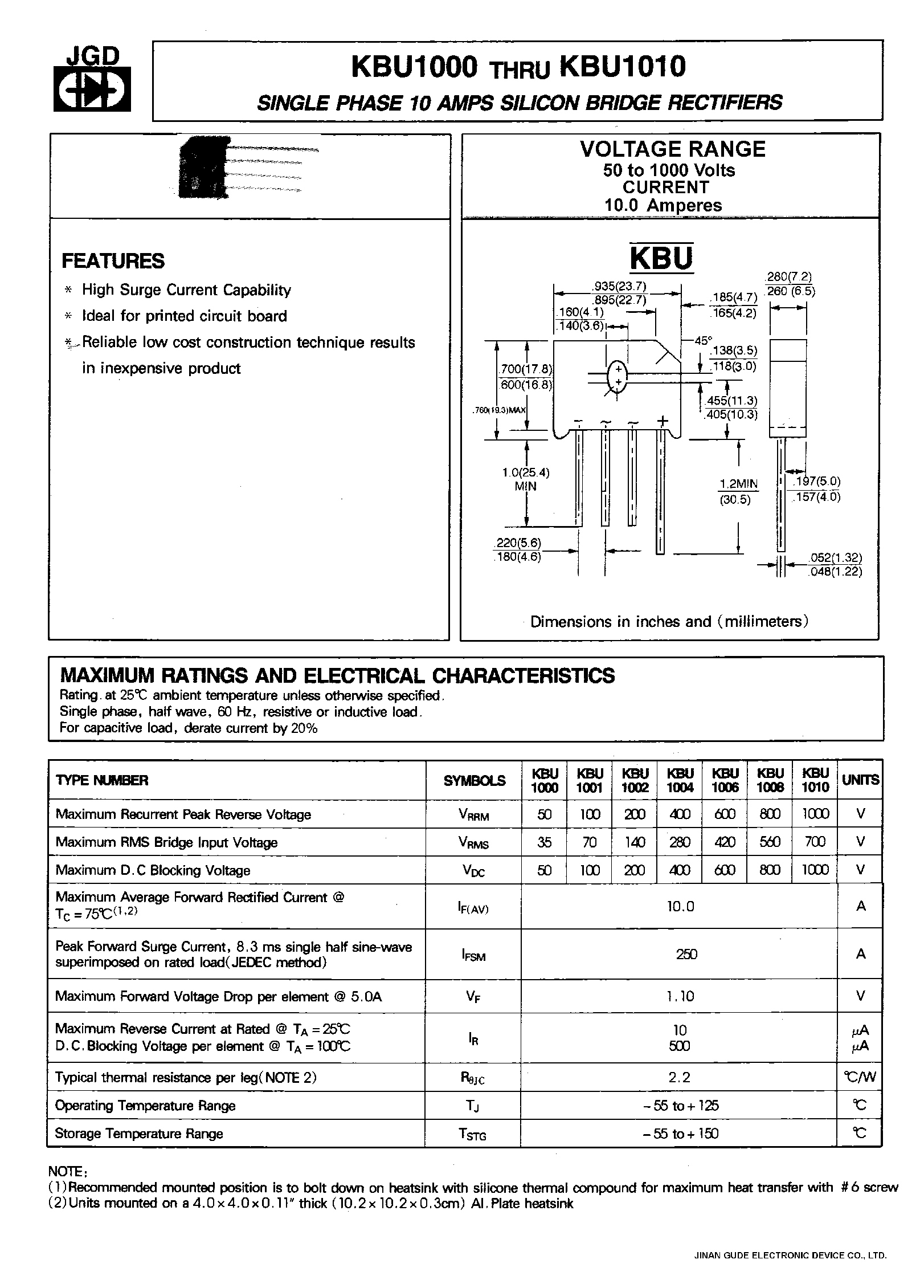 Datasheet KBU1006 page 1 Datasheet KBU1006 - SINGLE PHASE 10 AMPS. SILICON BRIDGE RECTIFIERS page 1