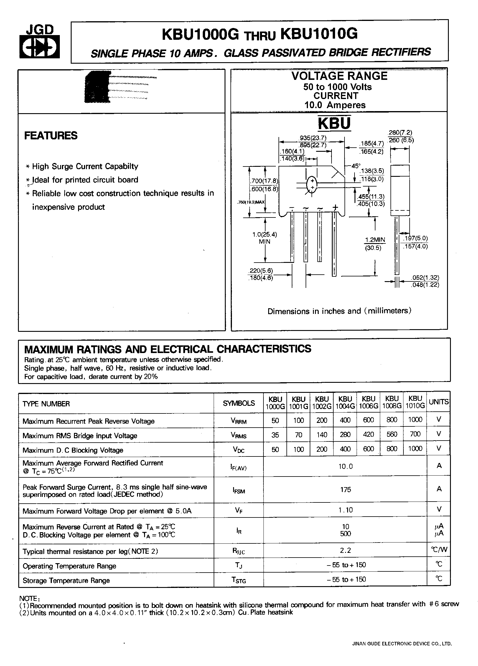 Datasheet KBU1010G page 1 Datasheet KBU1010G - SINGLE PHASE 10 AMPS. GLASS PASSIVATED BRIDGE RECTIFIERS page 1