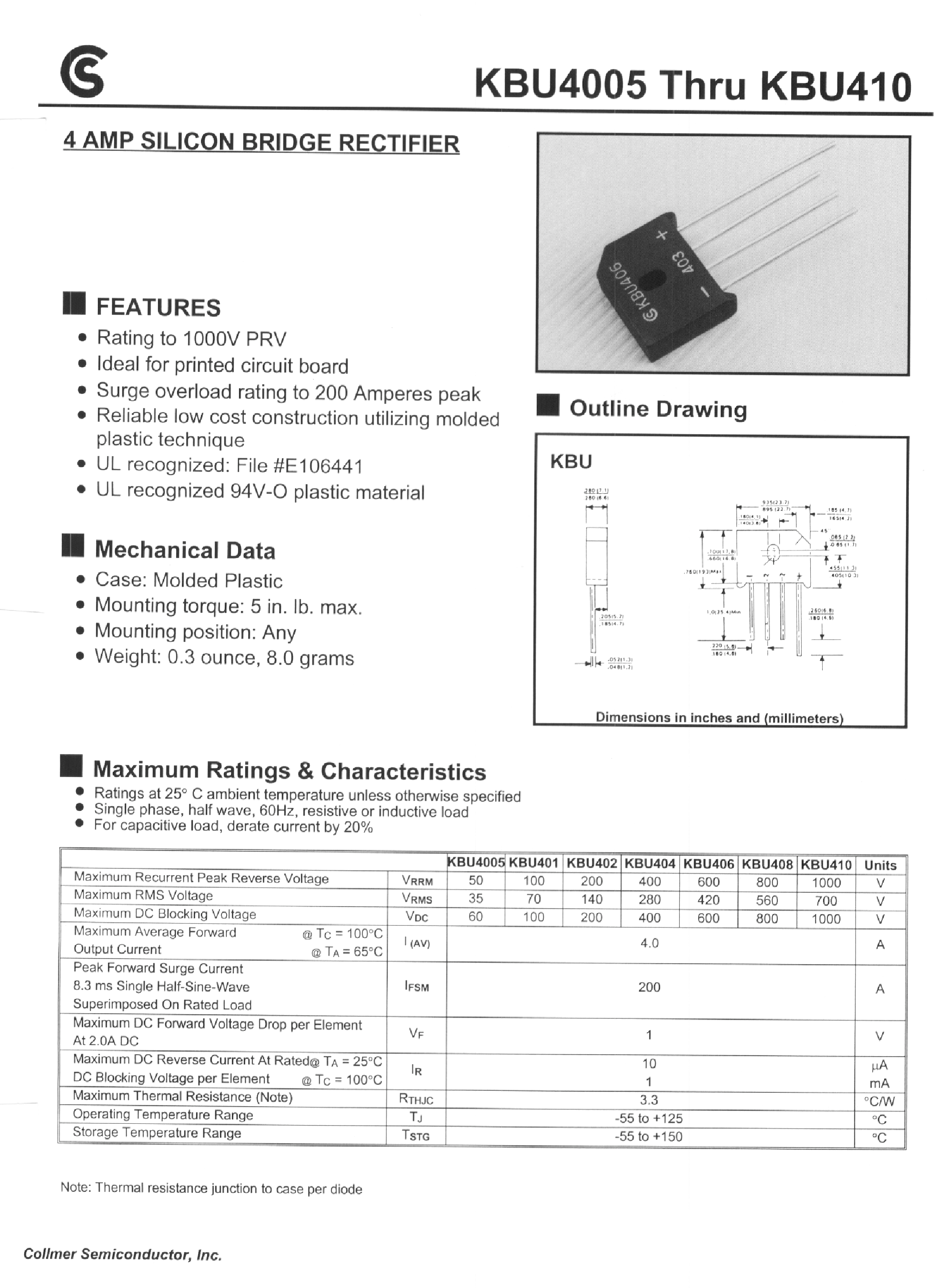 Datasheet KBU408 page 1 Datasheet KBU408 - 4 AMP SILICON BRIDGE RECTIFIER page 1