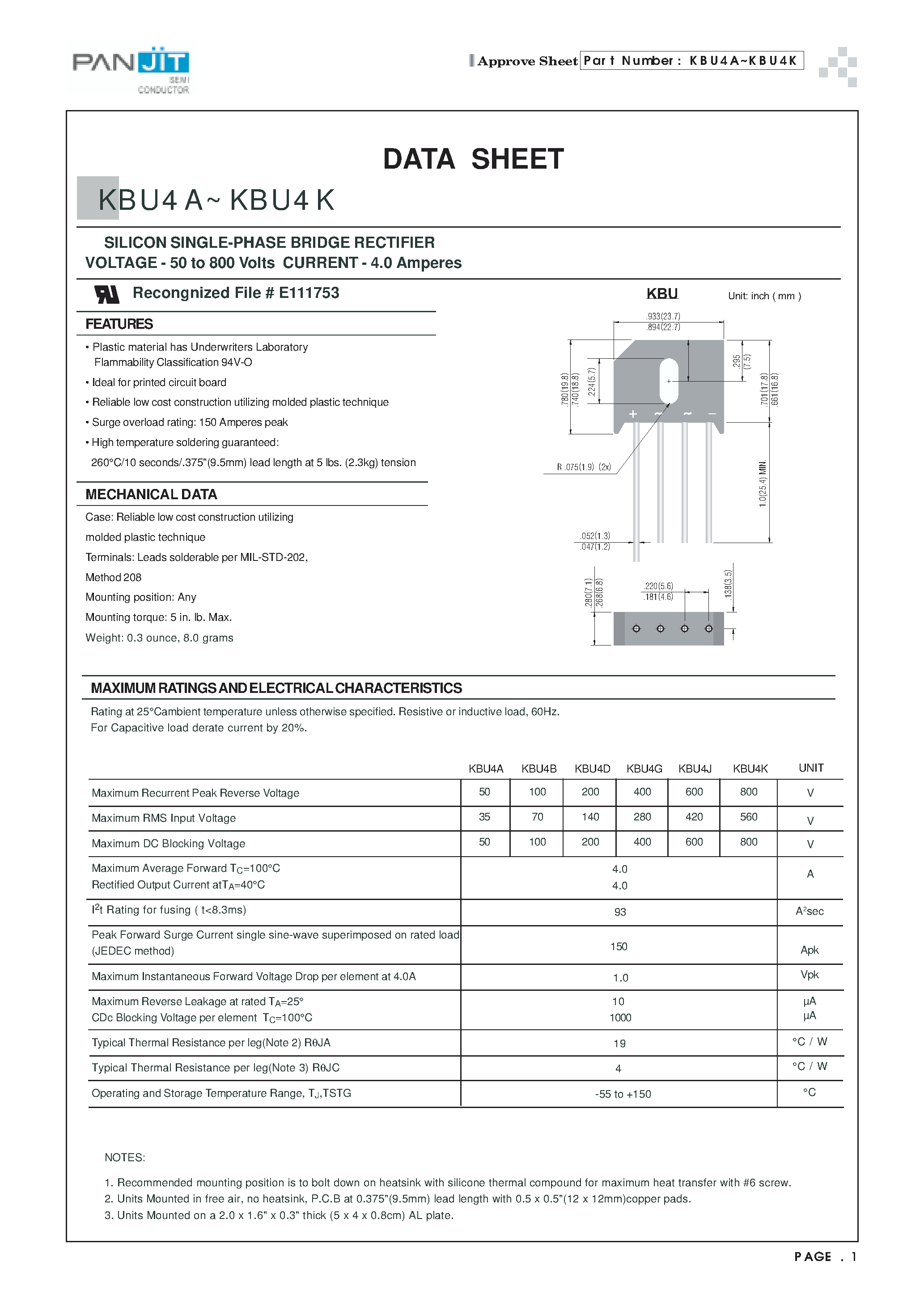 Datasheet KBU4D - SILICON SINGLE-PHASE BRIDGE RECTIFIER(VOLTAGE - 50 to 800 Volts CURRENT - 4.0 Amperes) page 1