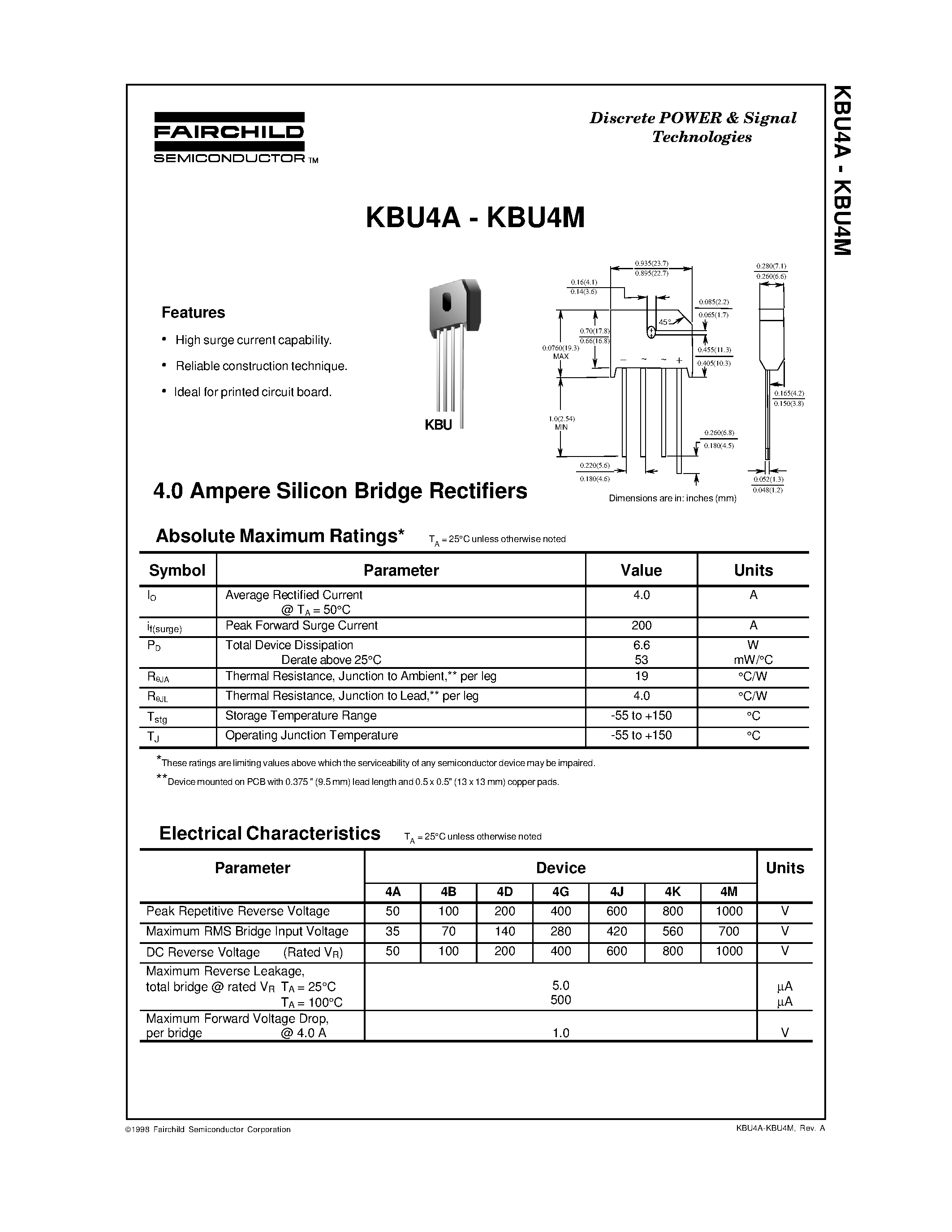 Datasheet KBU4J - 4.0 Ampere Silicon Bridge Rectifiers page 1