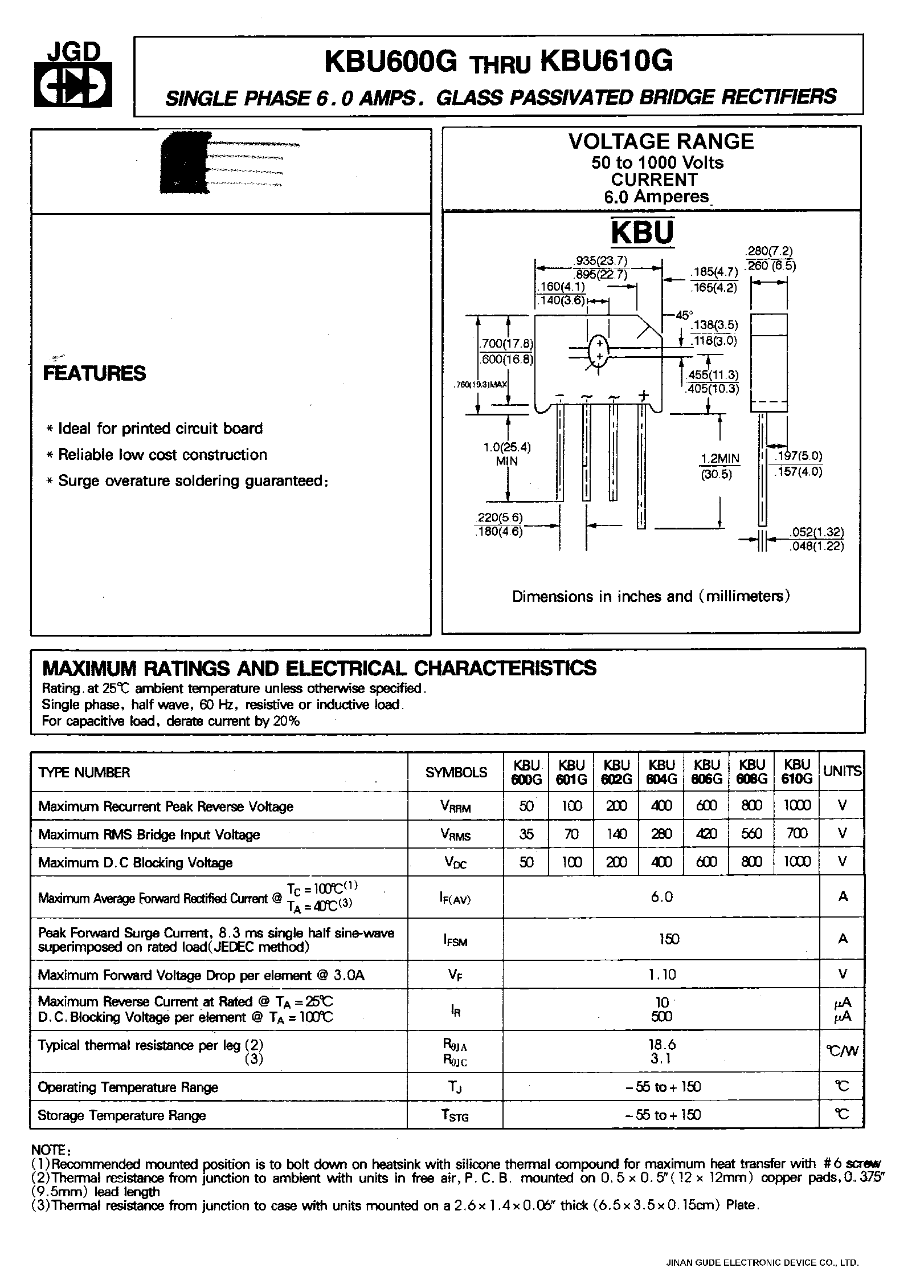 Datasheet KBU601G - SINGLE PHASE 6.0 AMPS. GLASS PASSIVATED BRIDGE RECTIFIERS page 1