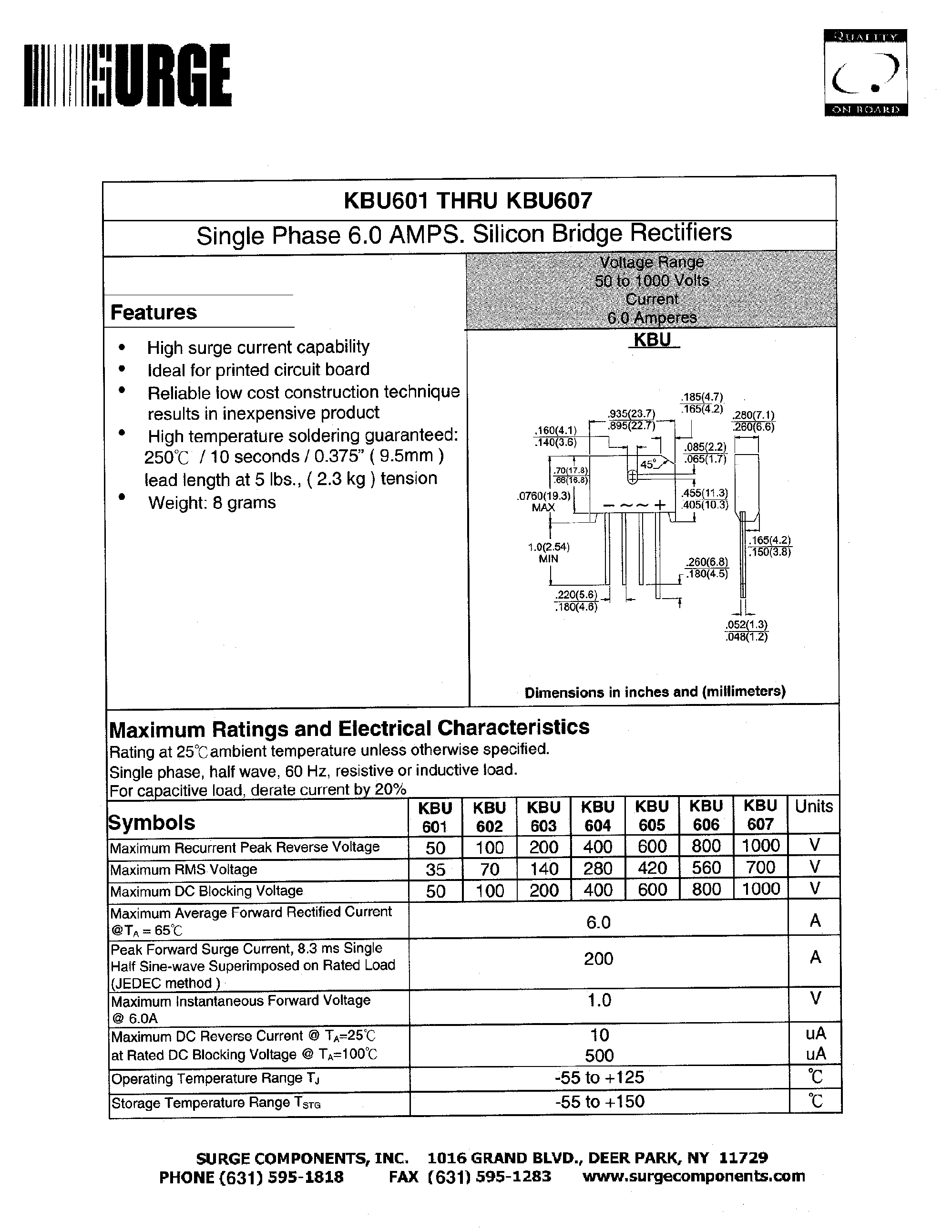 Datasheet KBU604 page 1 Datasheet KBU604 - Single Phase 6.0 AMPS. Silicon Bridge Rectifiers page 1