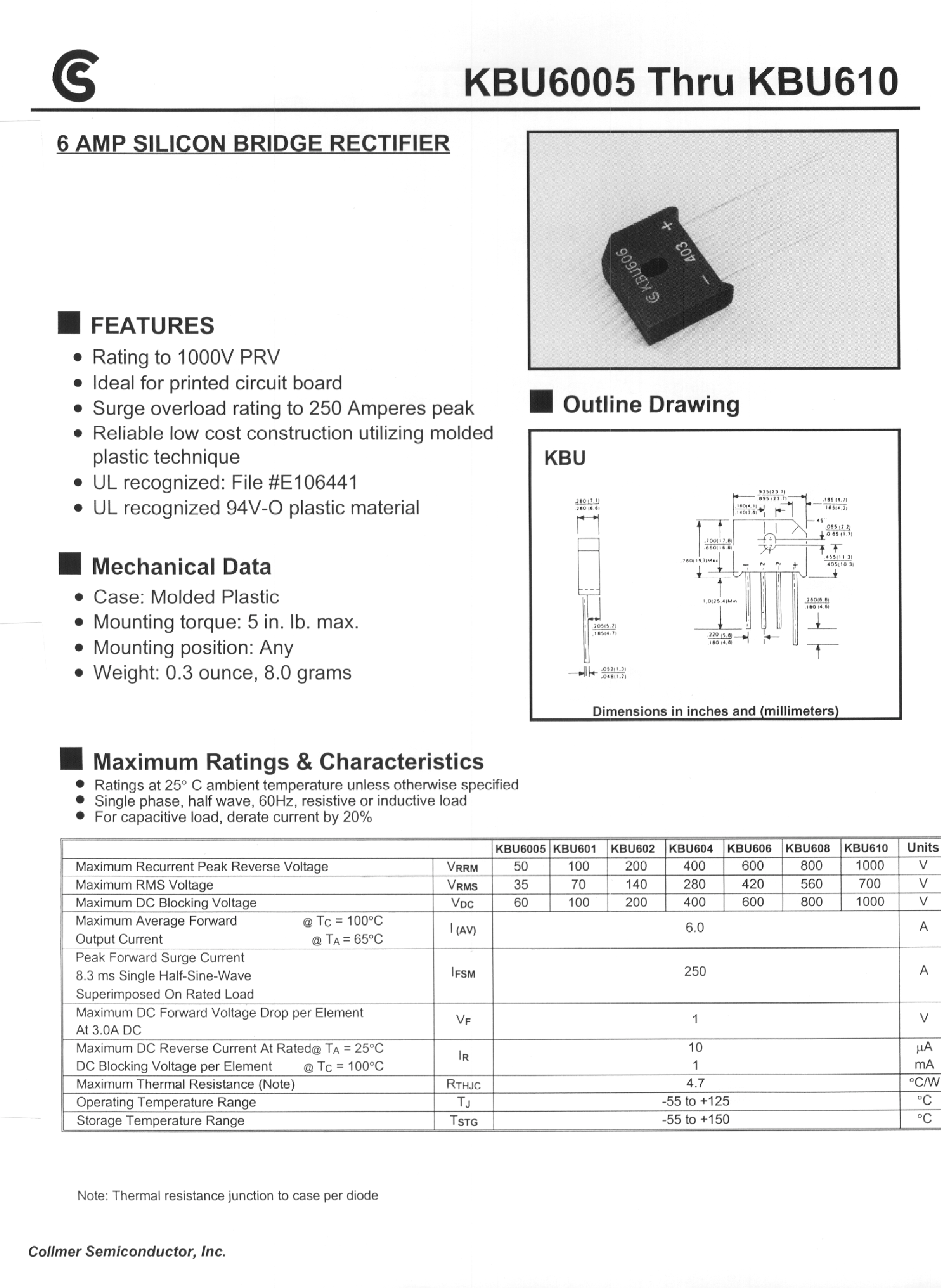 Datasheet KBU606 page 1 Datasheet KBU606 - 6 AMP SILICON BRIDGE RECTIFIER page 1