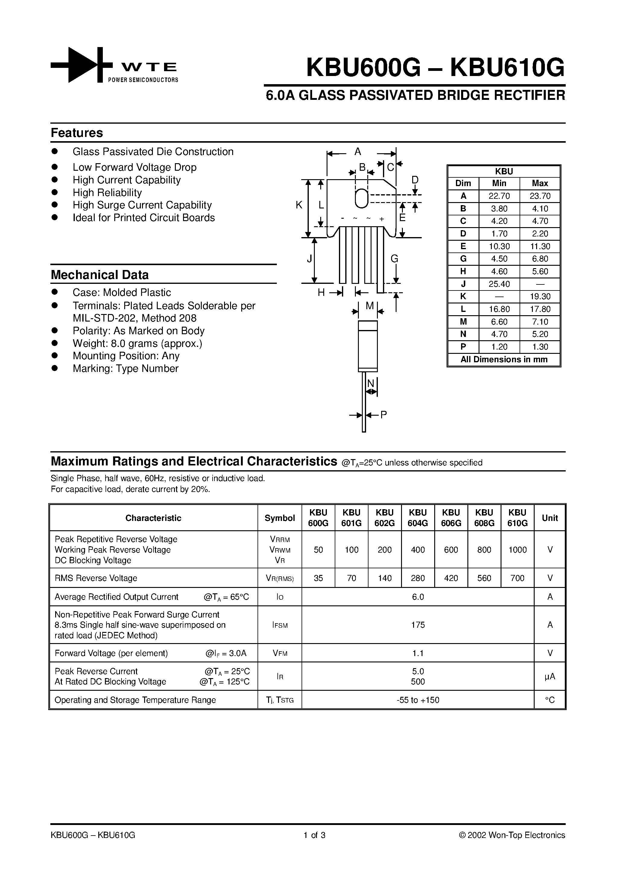 Datasheet KBU608G page 1 Datasheet KBU608G - 6.0A GLASS PASSIVATED BRIDGE RECTIFIER page 1