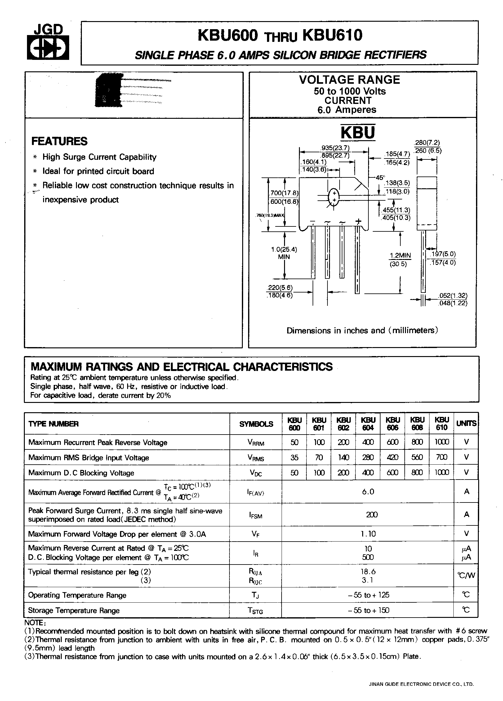 Datasheet KBU610 - SINGLE PHASE 6.0 AMPS. SILICON BRIDGE RECTIFIERS page 1