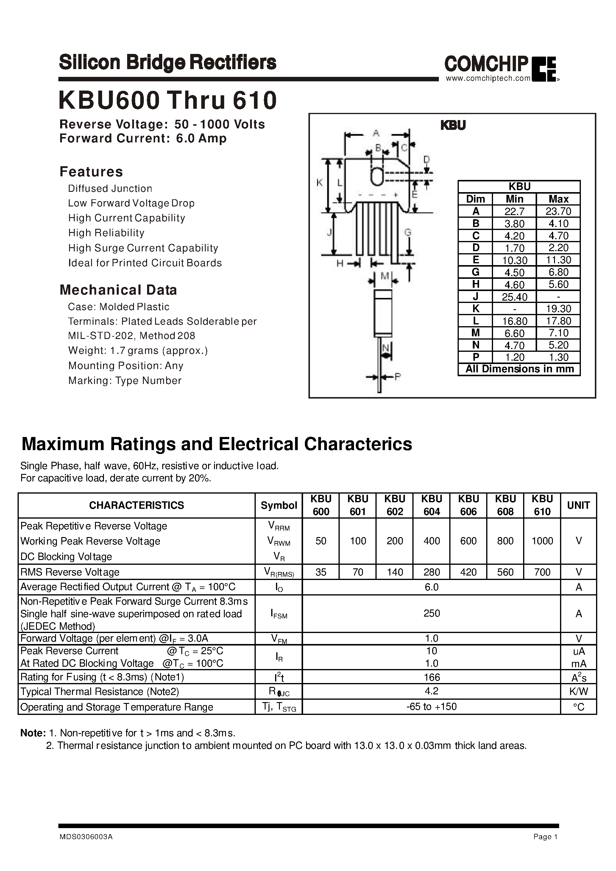 Datasheet KBU610 page 1 Datasheet KBU610 - Silicon Bridge Rectifiers page 1