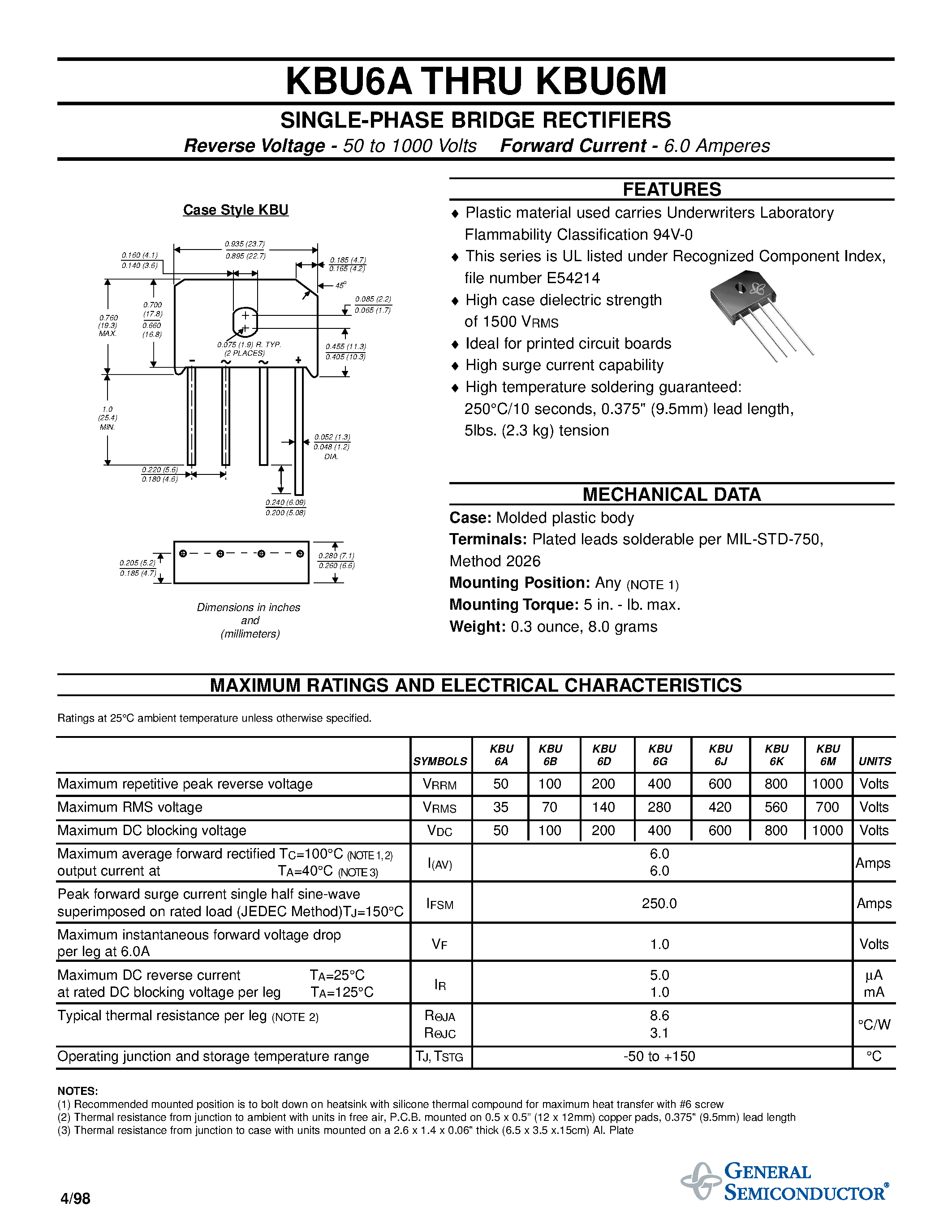 Datasheet KBU6J page 1 Datasheet KBU6J - SINGLE-PHASE BRIDGE RECTIFIERS page 1