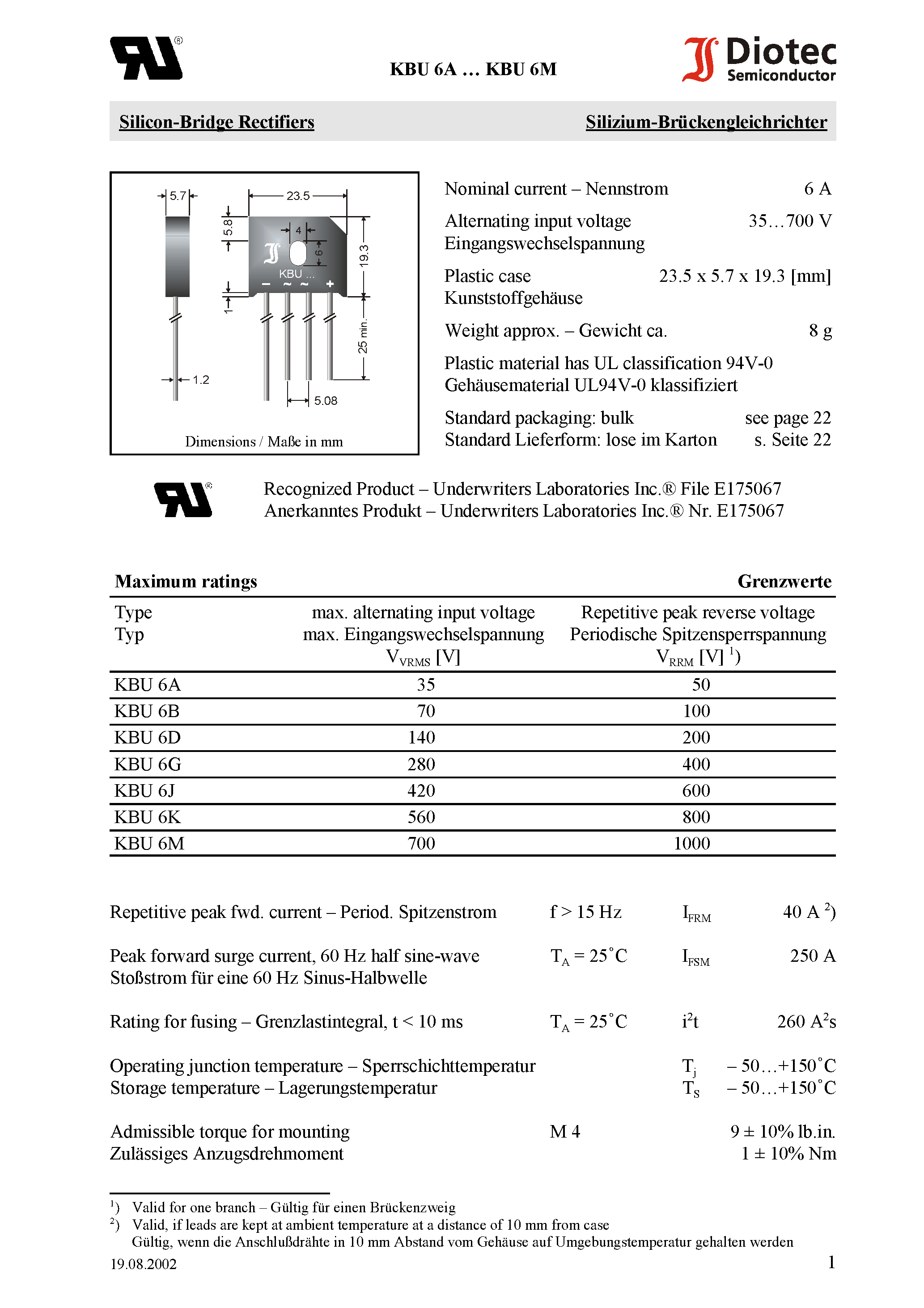 Datasheet KBU6K - Silicon-Bridge Rectifiers page 1