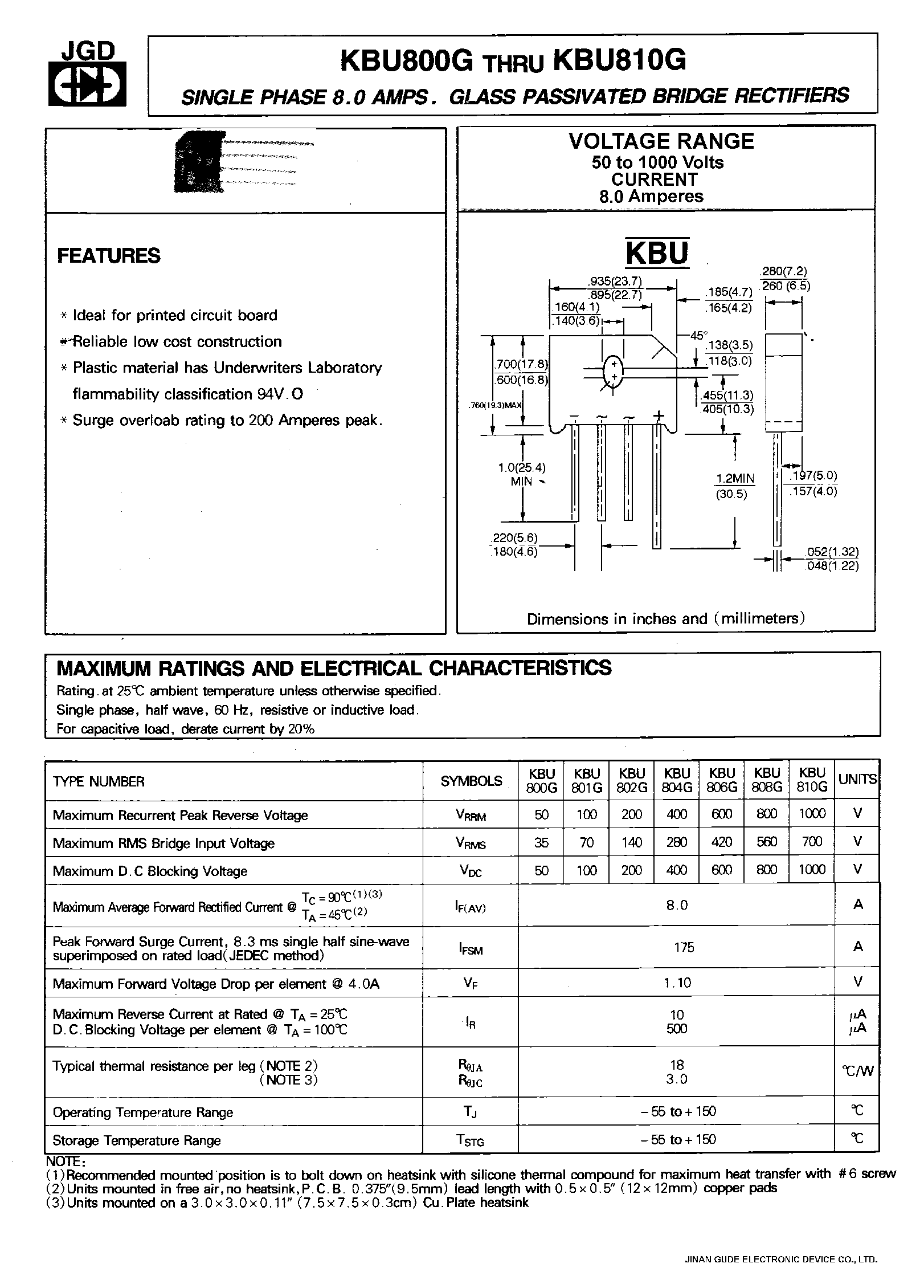 Datasheet KBU801G - SINGLE PHASE 8.0 AMPS. GLASS PASSIVATED BRIDGE RECTIFIERS page 1