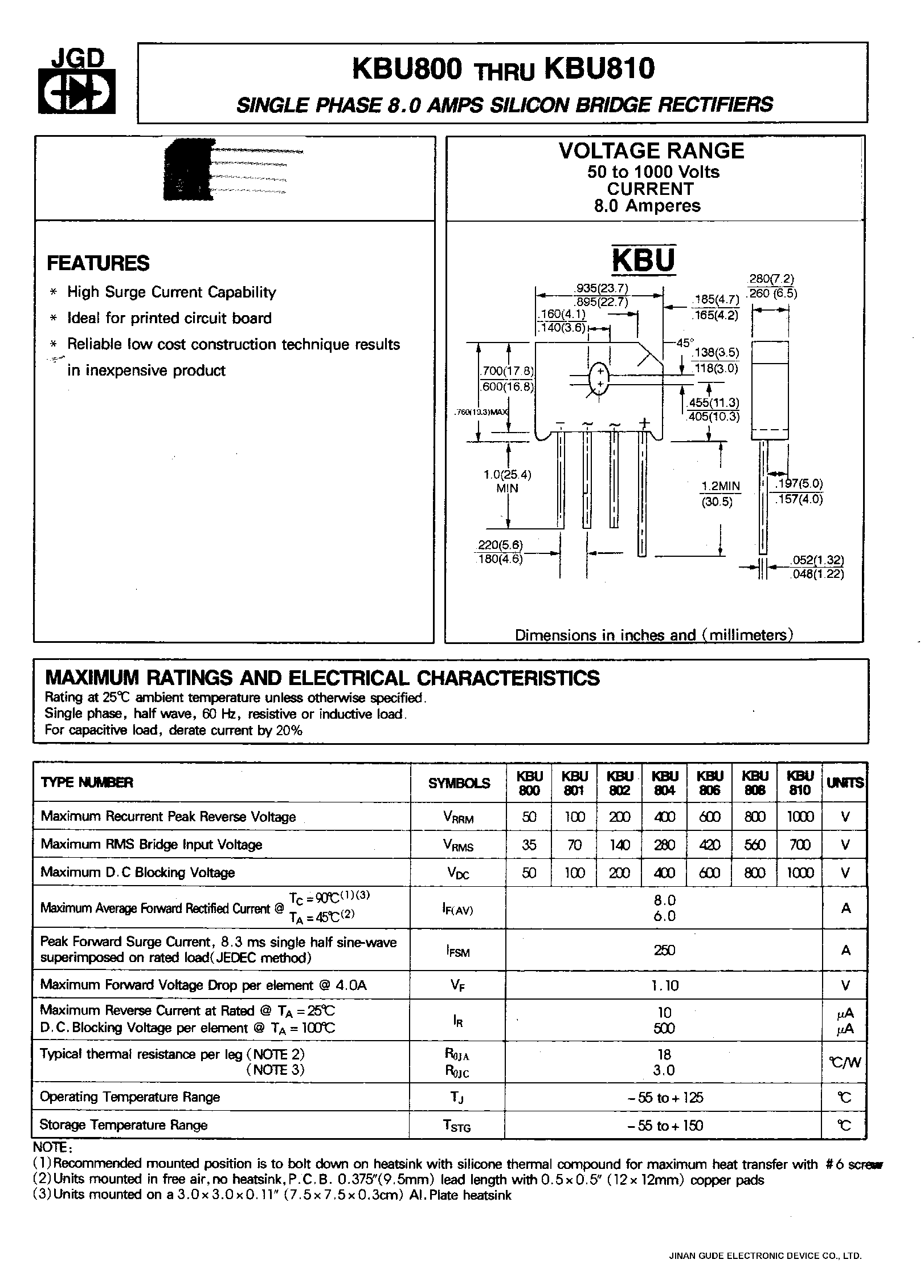 Datasheet KBU808 - SINGLE PHASE 8.0 AMPS. SILICON BRIDGE RECTIFIERS page 1