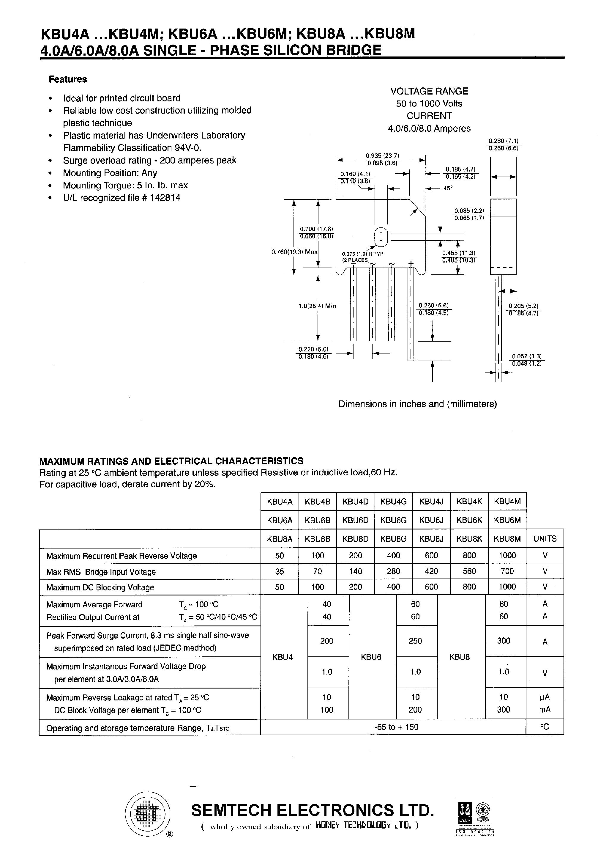 Datasheet KBU8D - 4.0A/6.0A/8.0A SINGLE - PHASE SILICON BRIDGE page 1