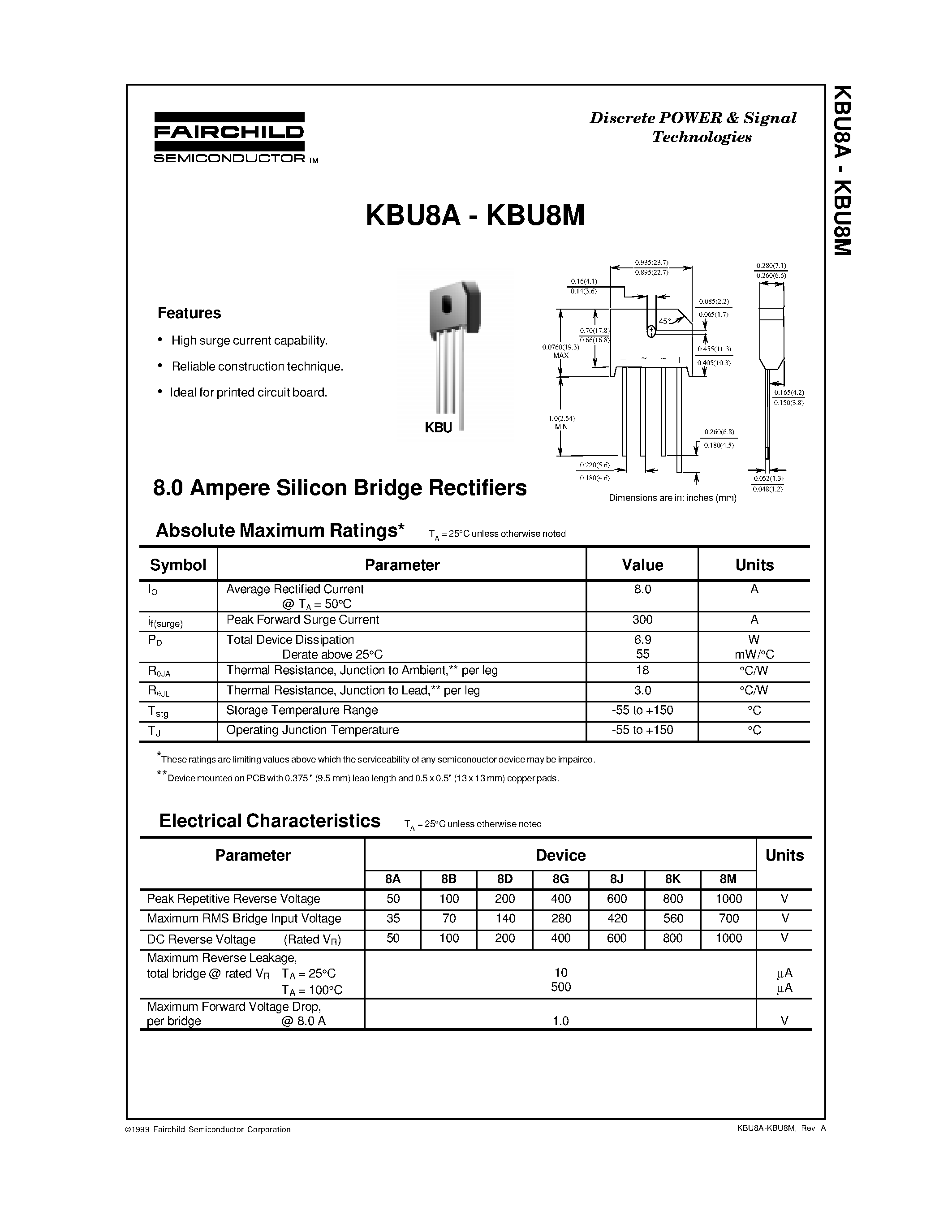 Datasheet KBU8J - 8.0 Ampere Silicon Bridge Rectifiers page 1