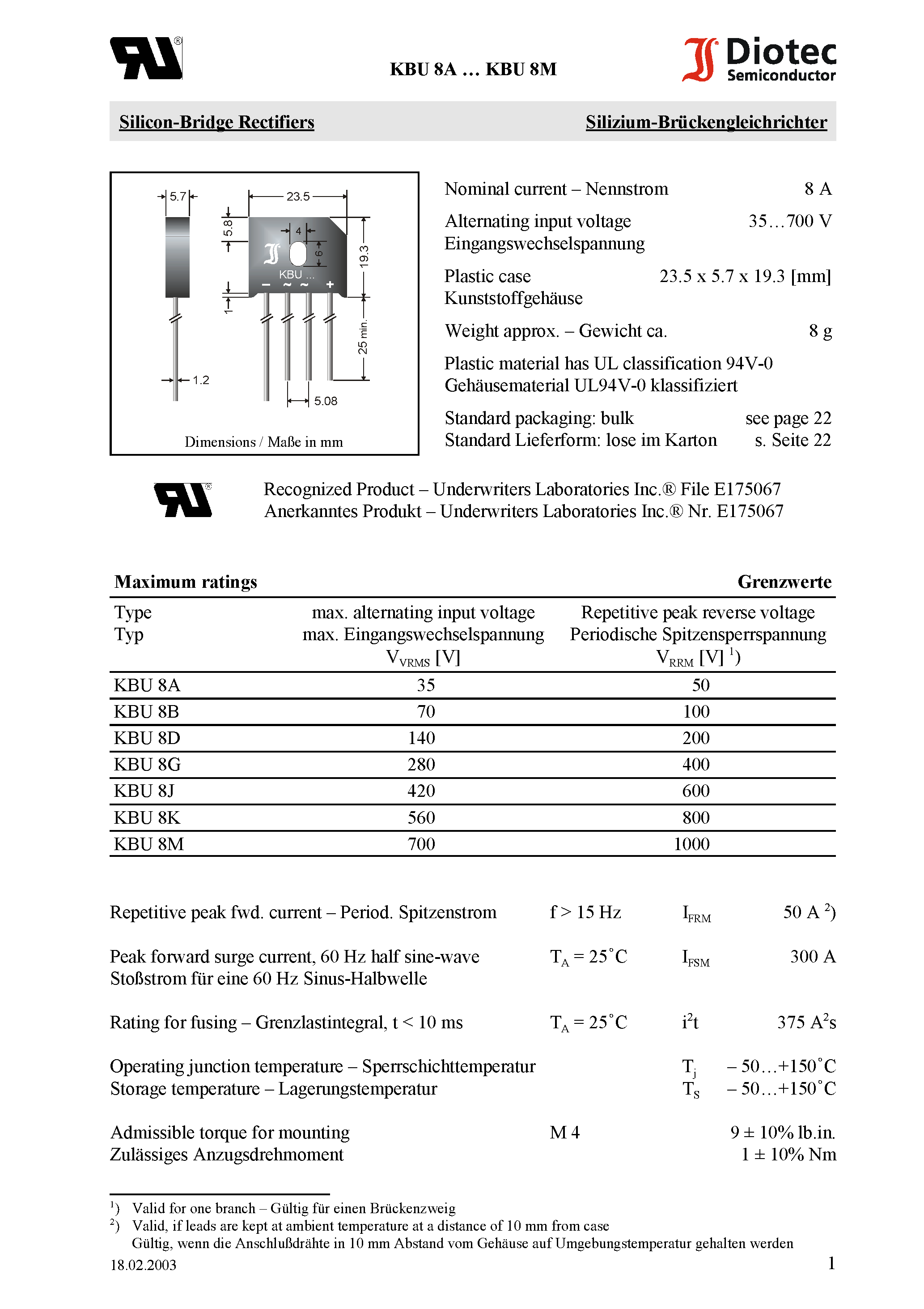 Datasheet KBU8J - Silicon-Bridge Rectifiers page 1