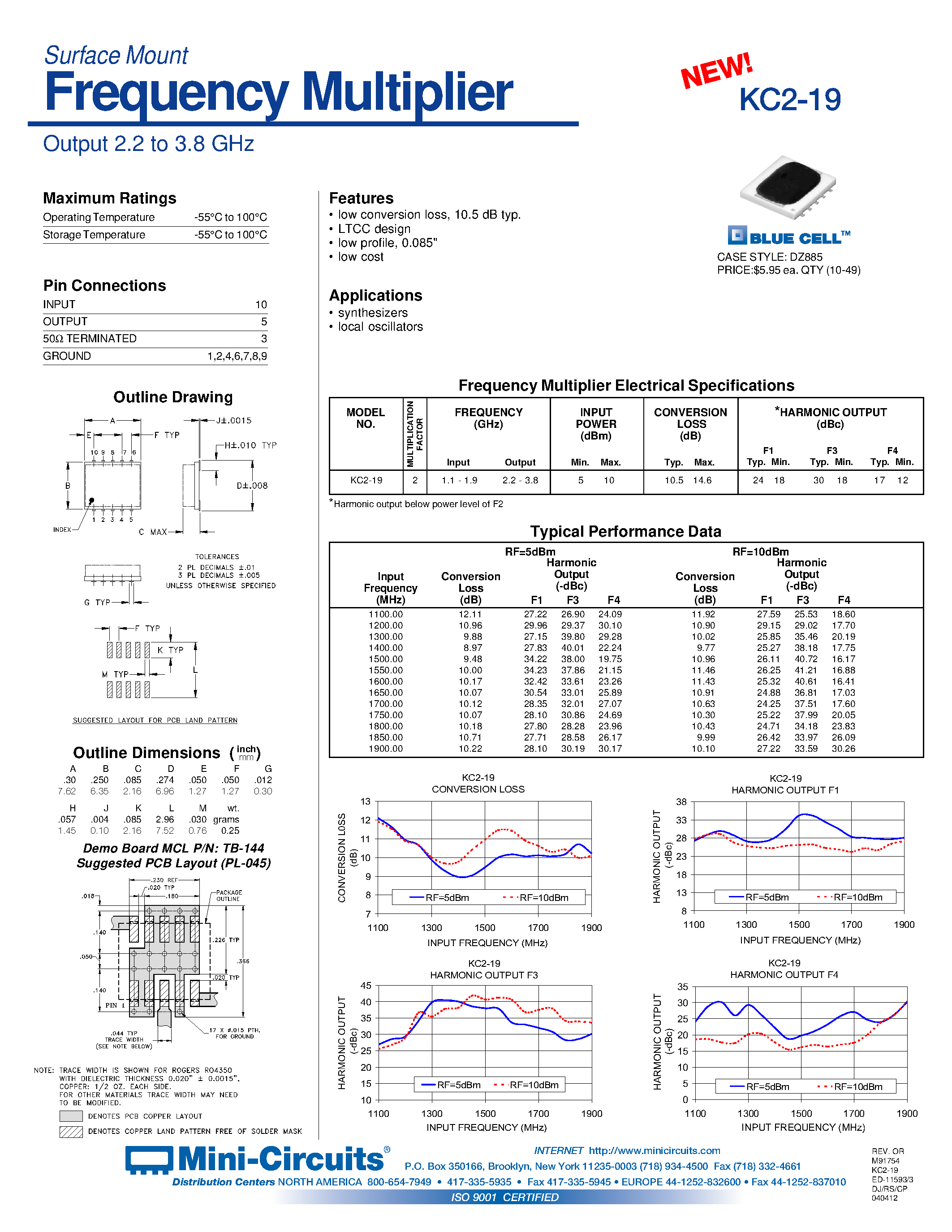 Datasheet KC2-19 - Surface Mount Frequency Multiplier Output 2.2 to 3.8 GHz page 1