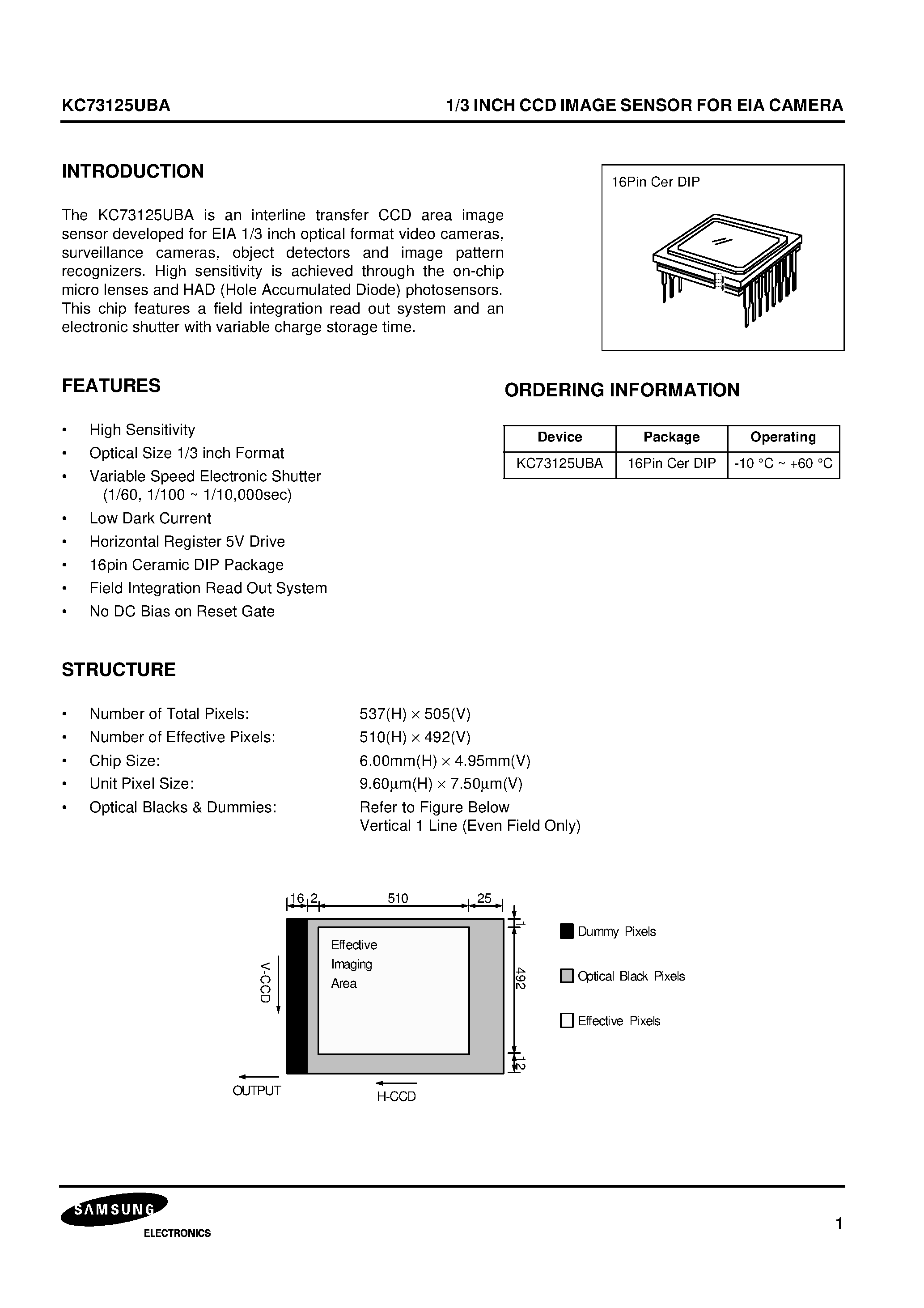Datasheet KC73125UBA - 1/3 INCH CCD IMAGE SENSOR FOR EIA CAMERA page 1