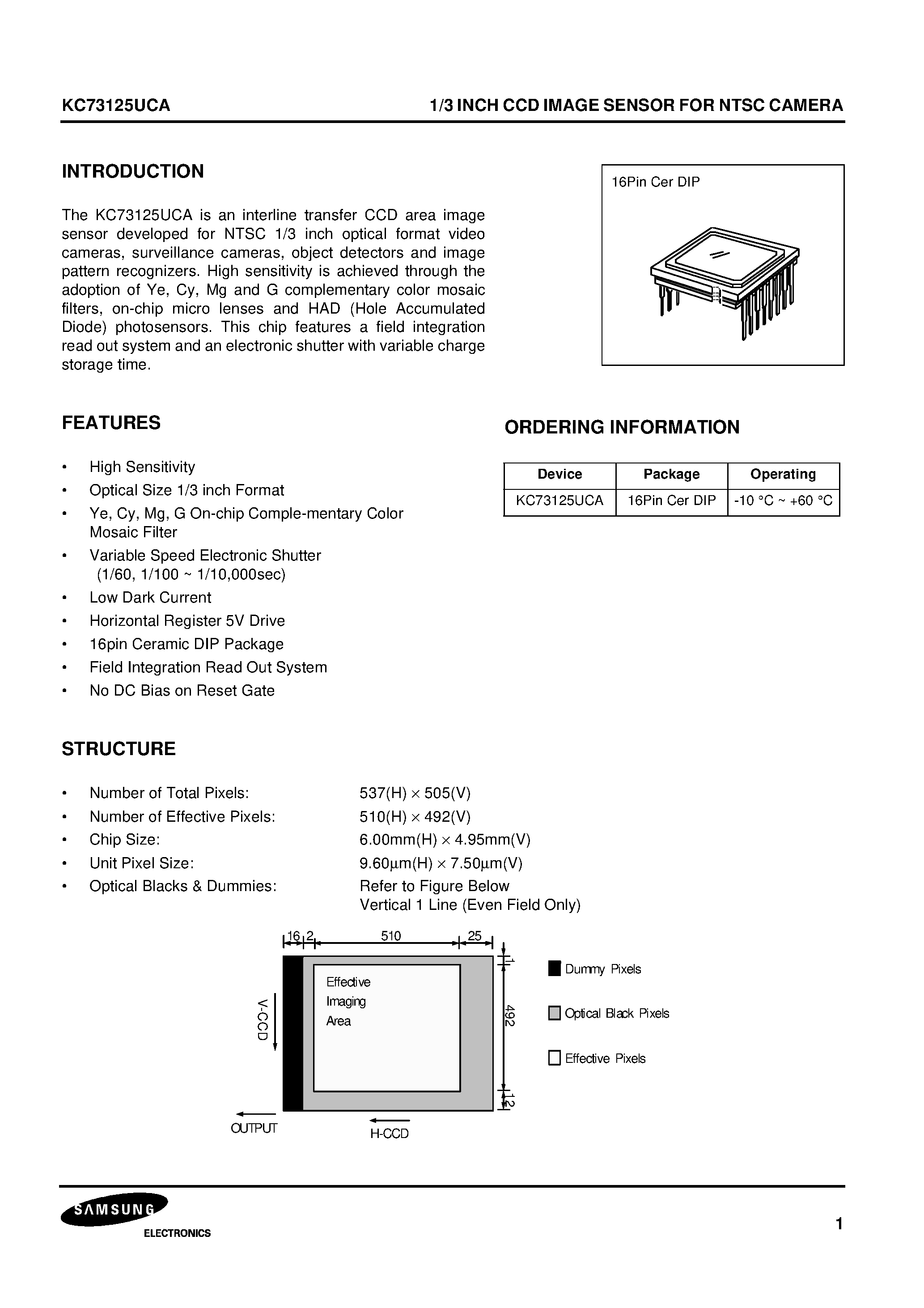 Datasheet KC73125UCA - 1/3 INCH CCD IMAGE SENSOR FOR NTSC CAMERA page 1