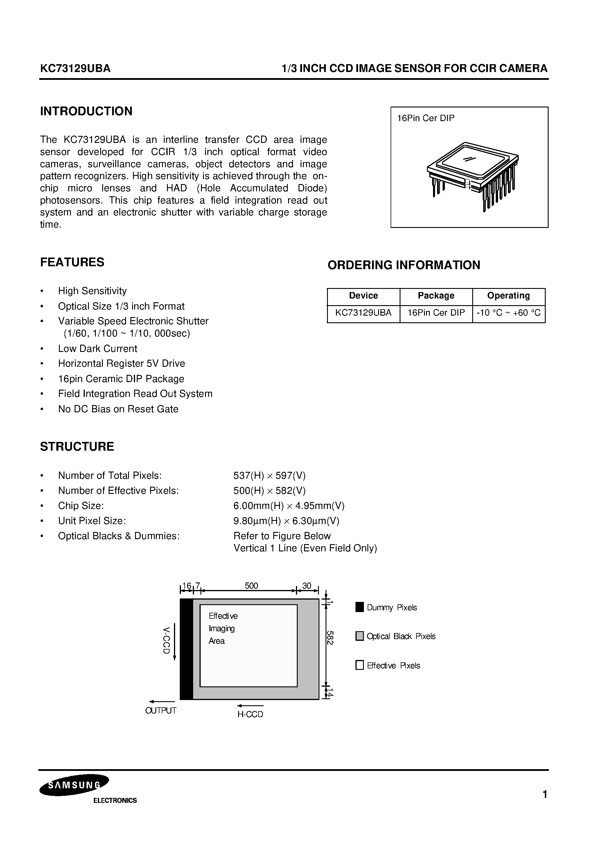 Datasheet KC73129UBA - 1/3 INCH CCD IMAGE SENSOR FOR CCIR CAMERA page 1