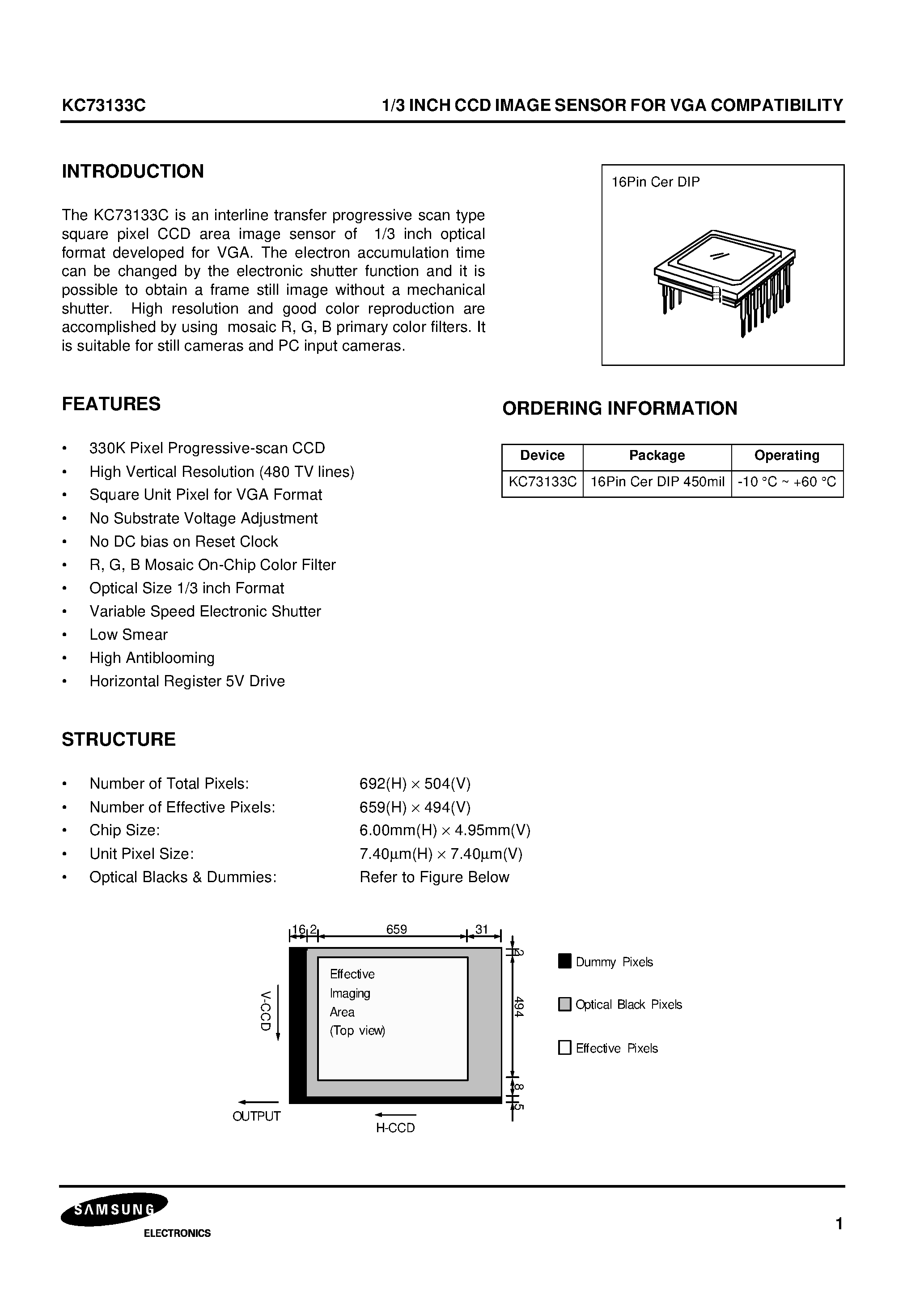 Datasheet KC73133C - 1/3 INCH CCD IMAGE SENSOR FOR VGA COMPATIBILITY page 1