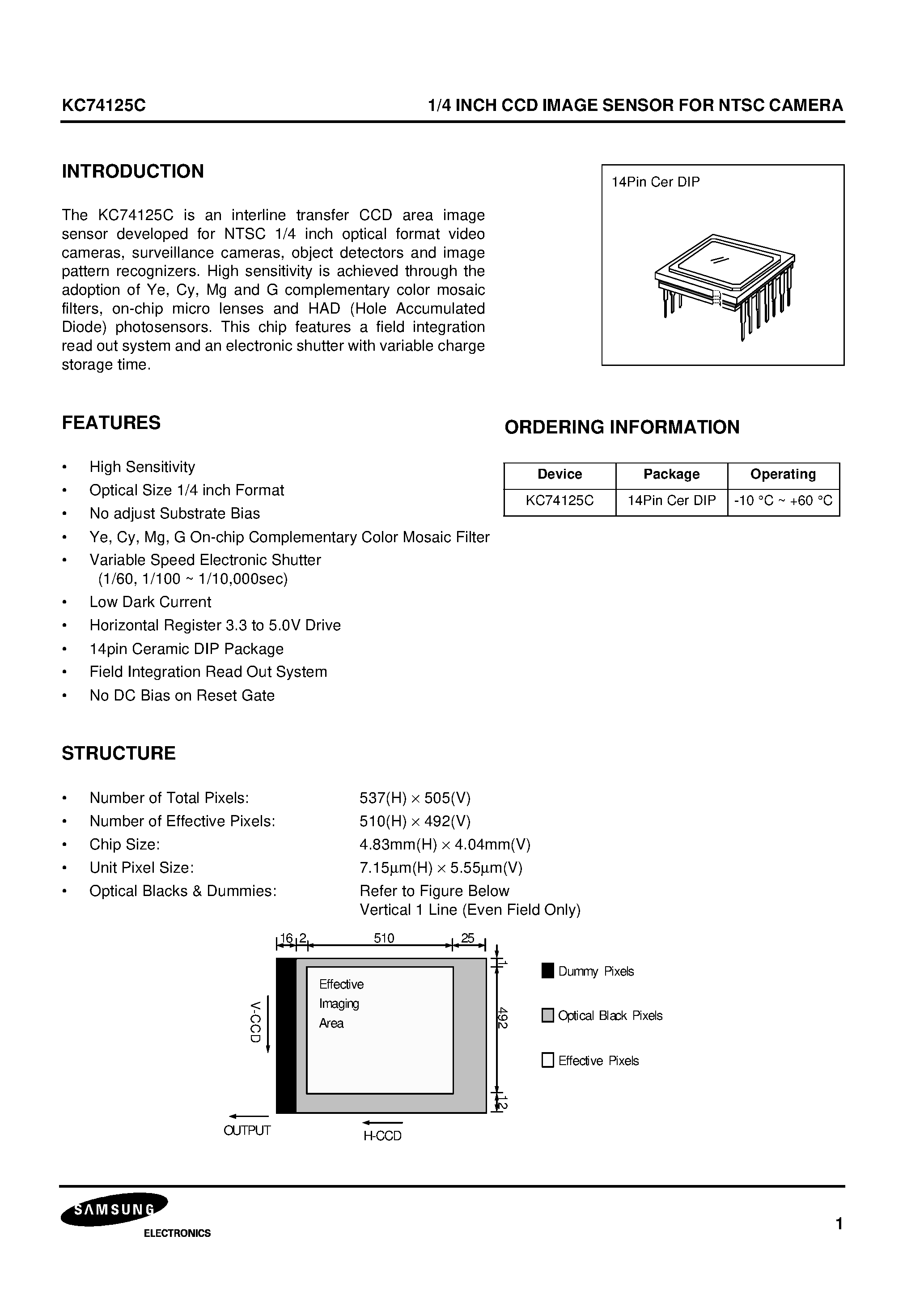 Datasheet KC74125C page 1 Datasheet KC74125C - 1/4 INCH CCD IMAGE SENSOR FOR NTSC CAMERA page 1