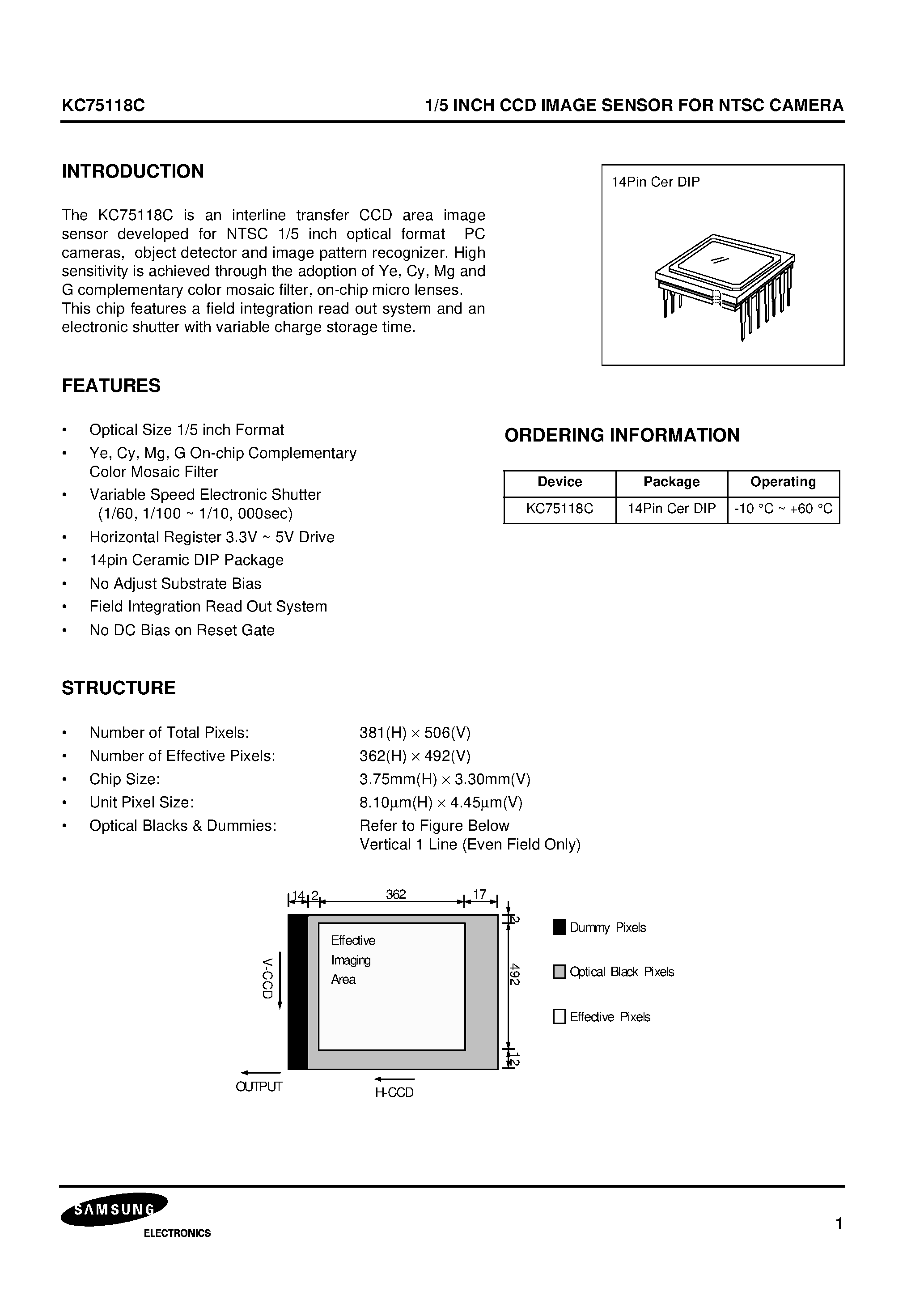 Datasheet KC75118 page 1 Datasheet KC75118 - 1/5 INCH CCD IMAGE SENSOR FOR NTSC CAMERA page 1