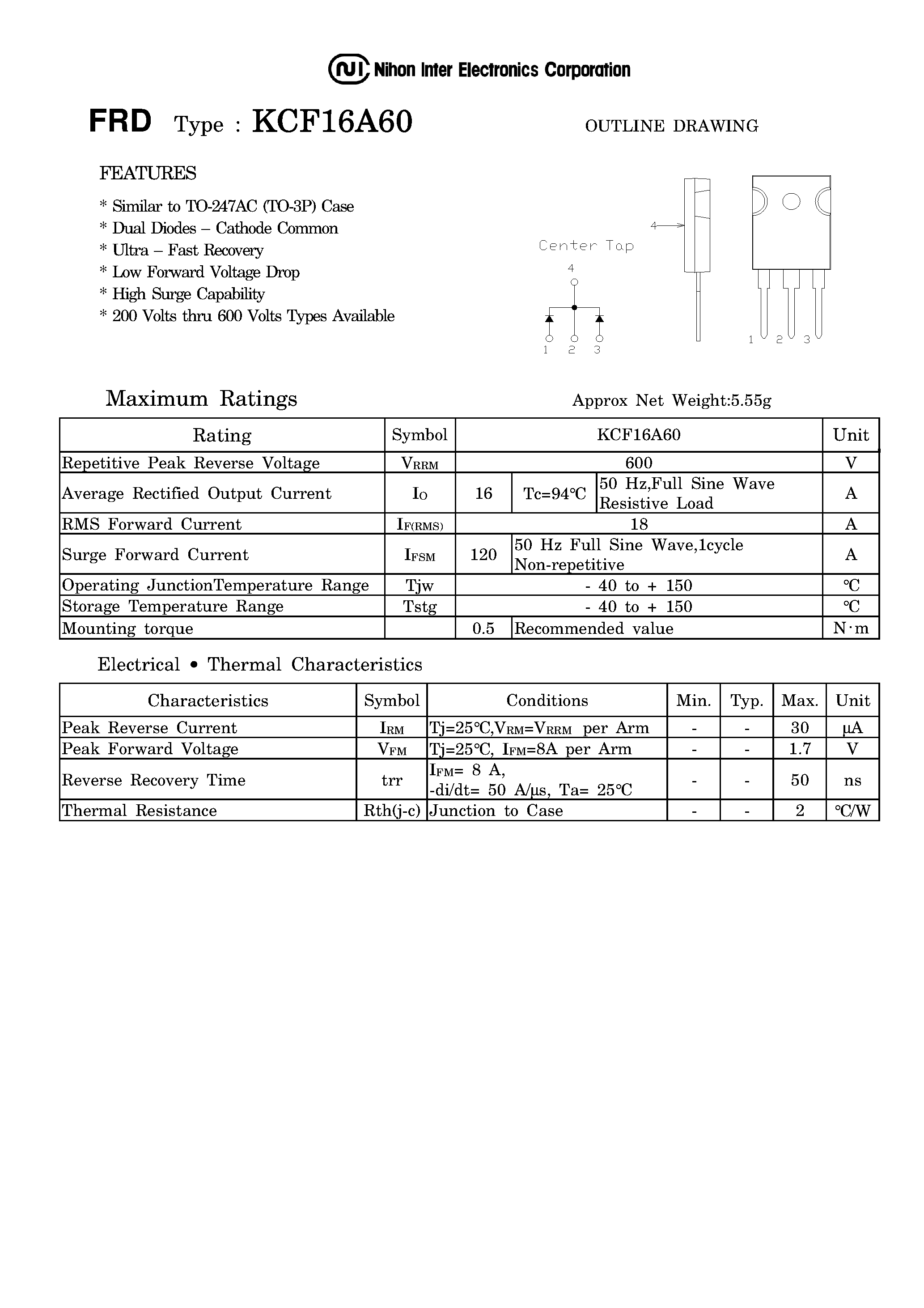 Даташит KCF16A60 - FRD DUAL DIODES CATHODE COMMON страница 1