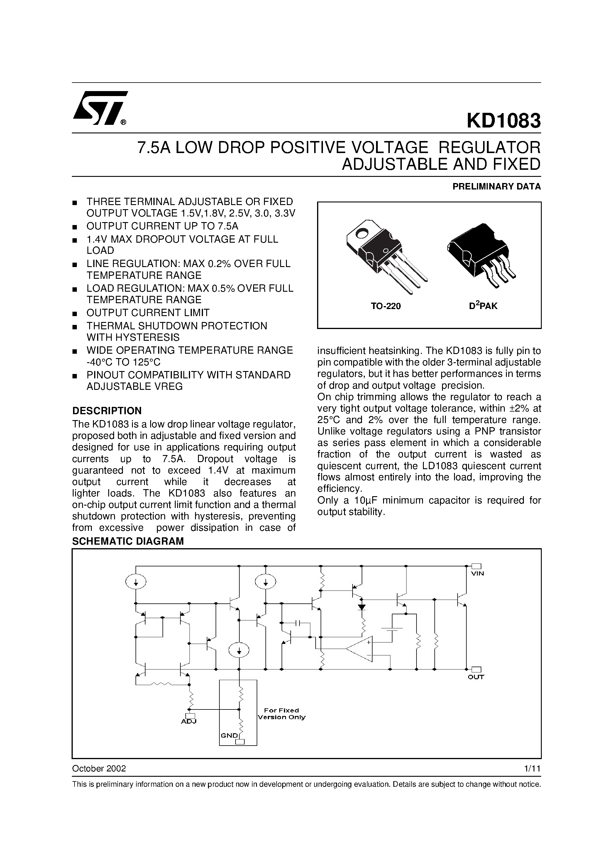 Datasheet KD1083 page 1 Datasheet KD1083 - 7.5A LOW DROP POSITIVE VOLTAGE REGULATOR ADJUSTABLE AND FIXED page 1