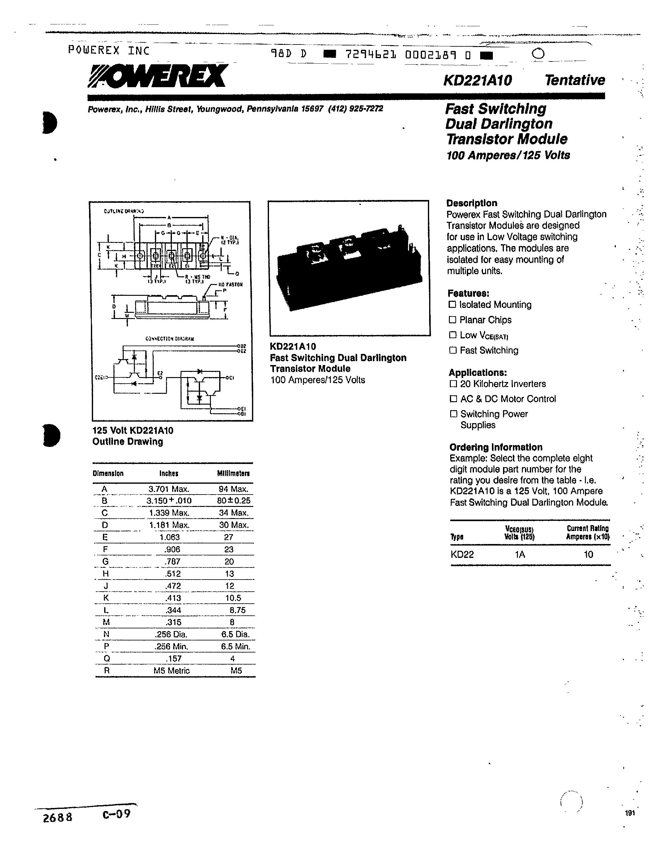 Datasheet KD221A10 - Fast Switching Dual Darlington Transistor Module page 1