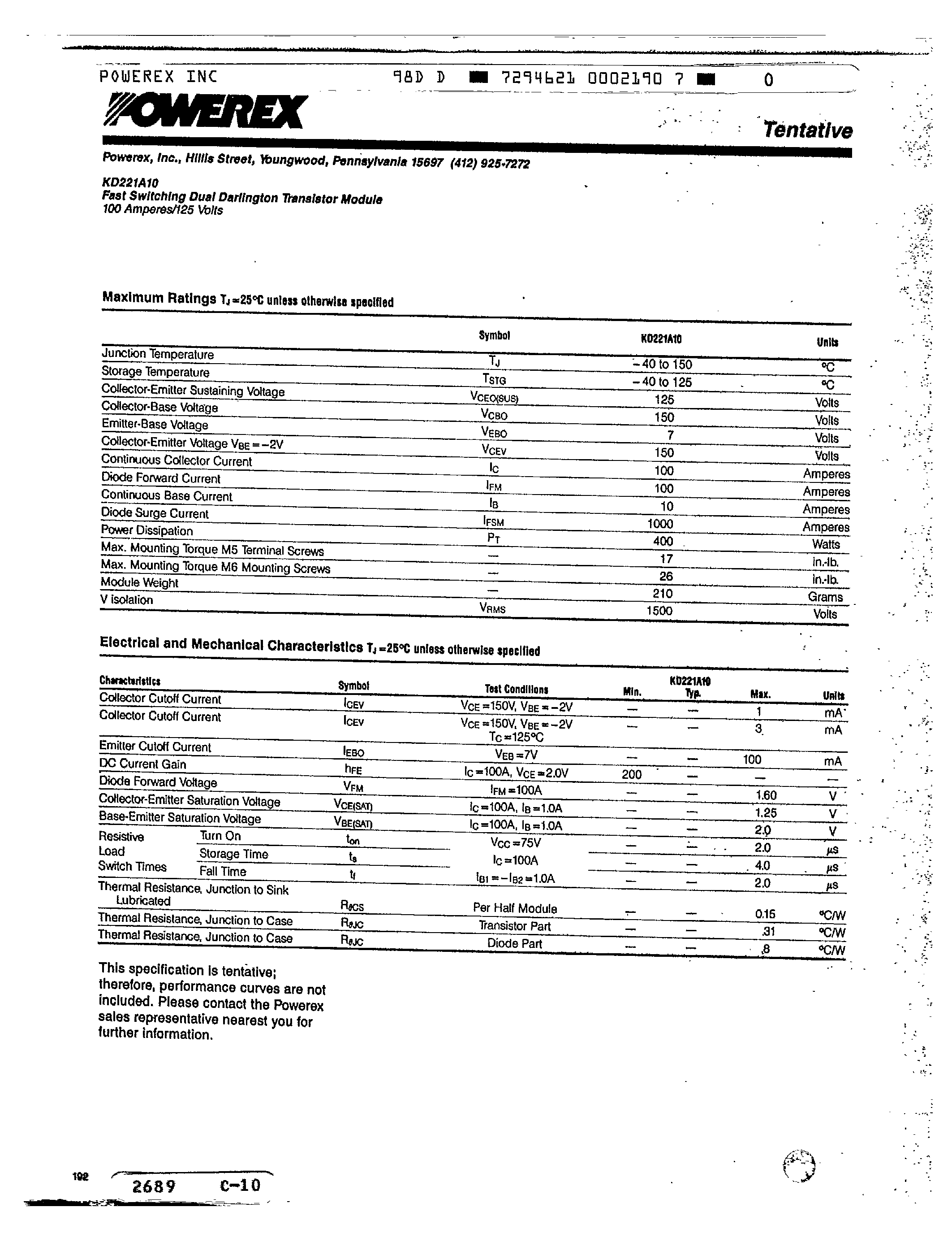 Datasheet KD221A10 - Fast Switching Dual Darlington Transistor Module page 2
