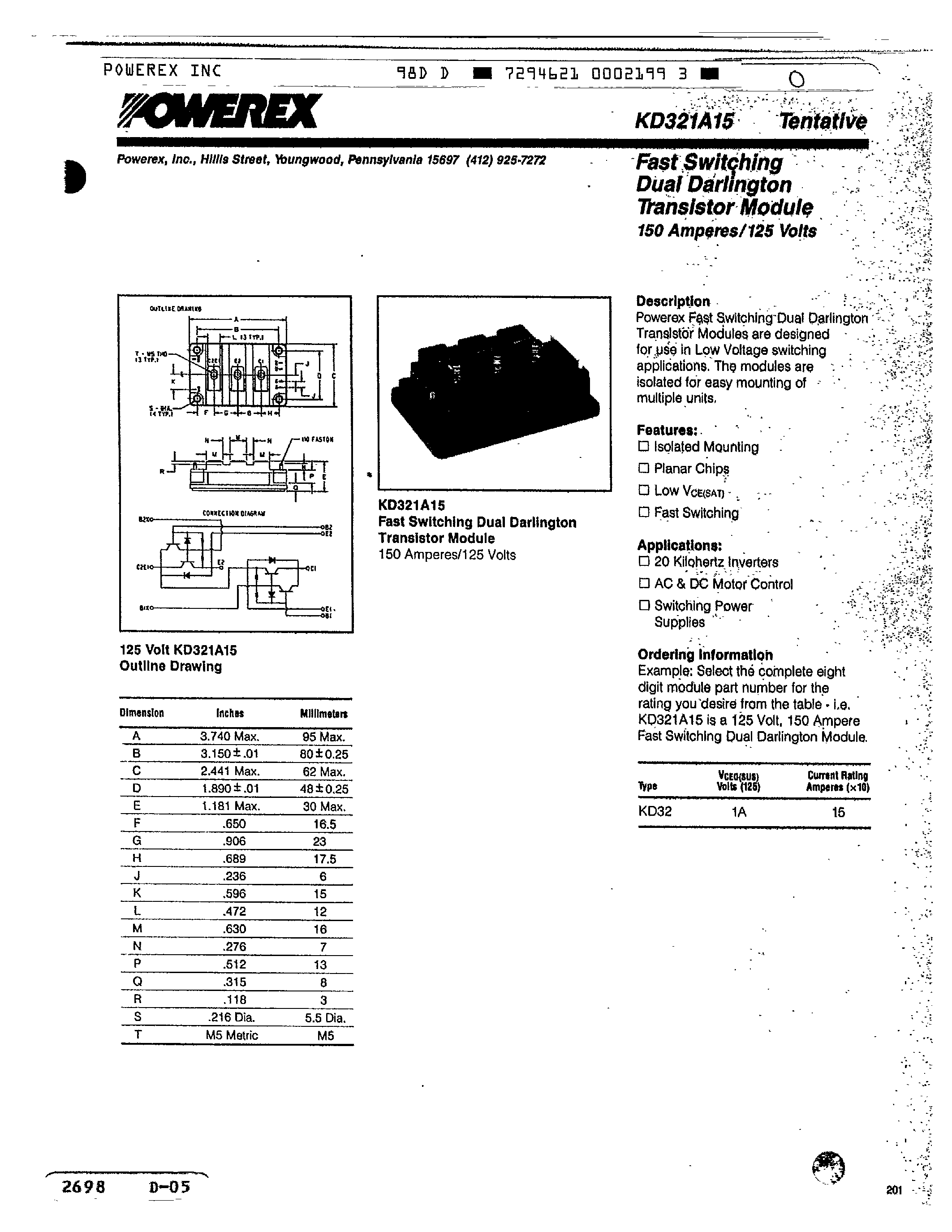 Datasheet KD321A15 - Fast Switching Dual Darlington Transistor Module (150 Amperes/125 Volts) page 1