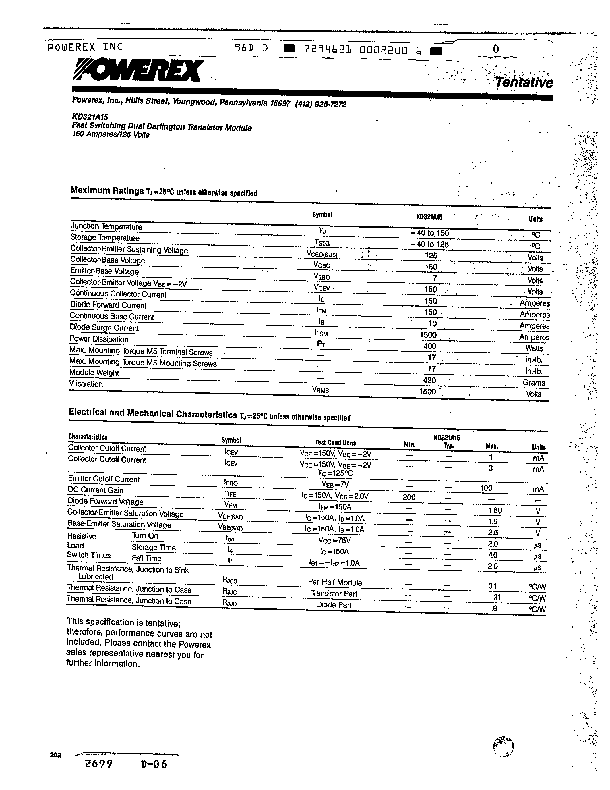 Datasheet KD321A15 - Fast Switching Dual Darlington Transistor Module (150 Amperes/125 Volts) page 2