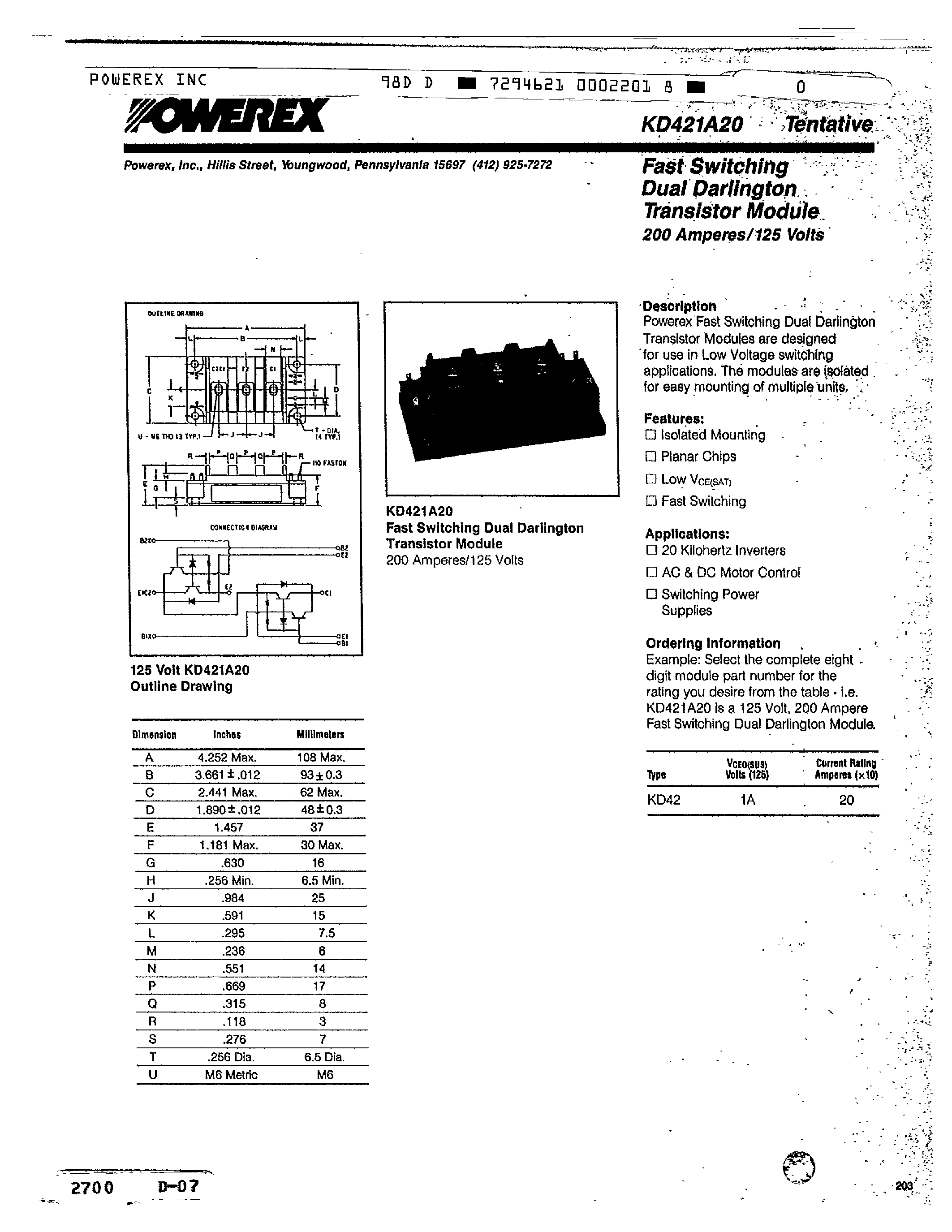 Datasheet KD421A20 page 1 Datasheet KD421A20 - Fast Switching Dual Darlington Transistor Module (200 Amperes/125 Volts) page 1