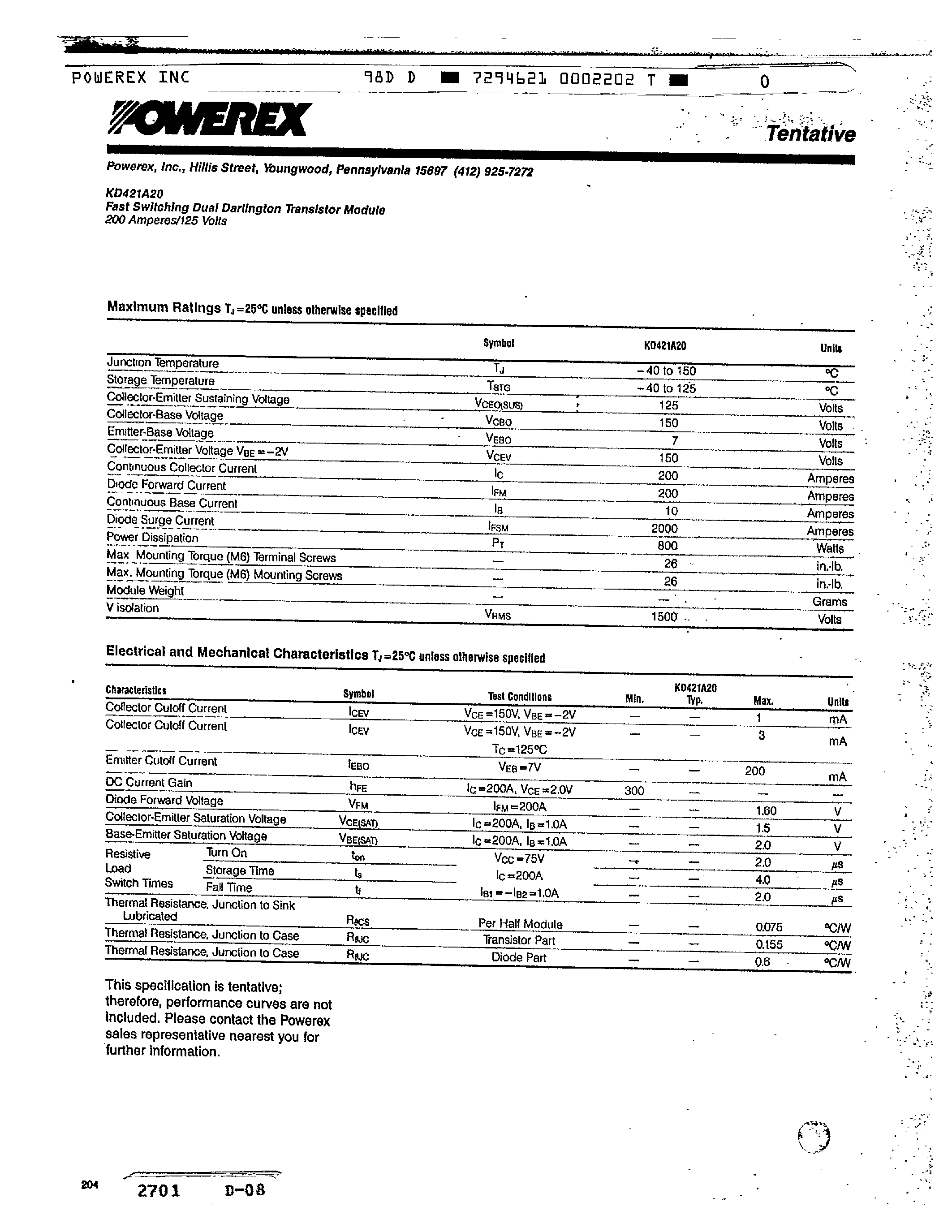Datasheet KD421A20 page 2 Datasheet KD421A20 - Fast Switching Dual Darlington Transistor Module (200 Amperes/125 Volts) page 2