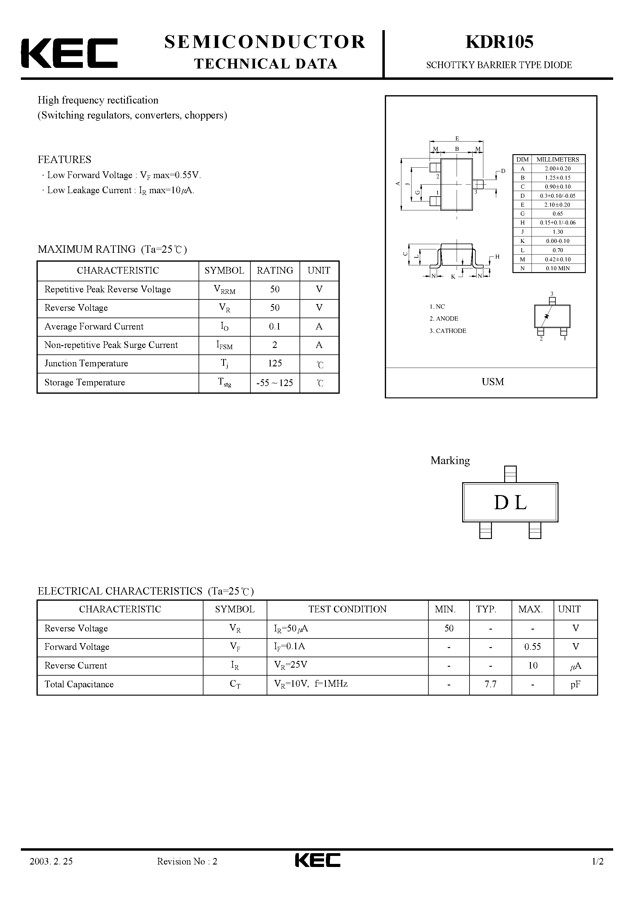 Datasheet KDR105 page 1 Datasheet KDR105 - SCHOTTKY BARRIER TYPE DIODE(HIGH FREQUENCY RECTIFICATION) page 1