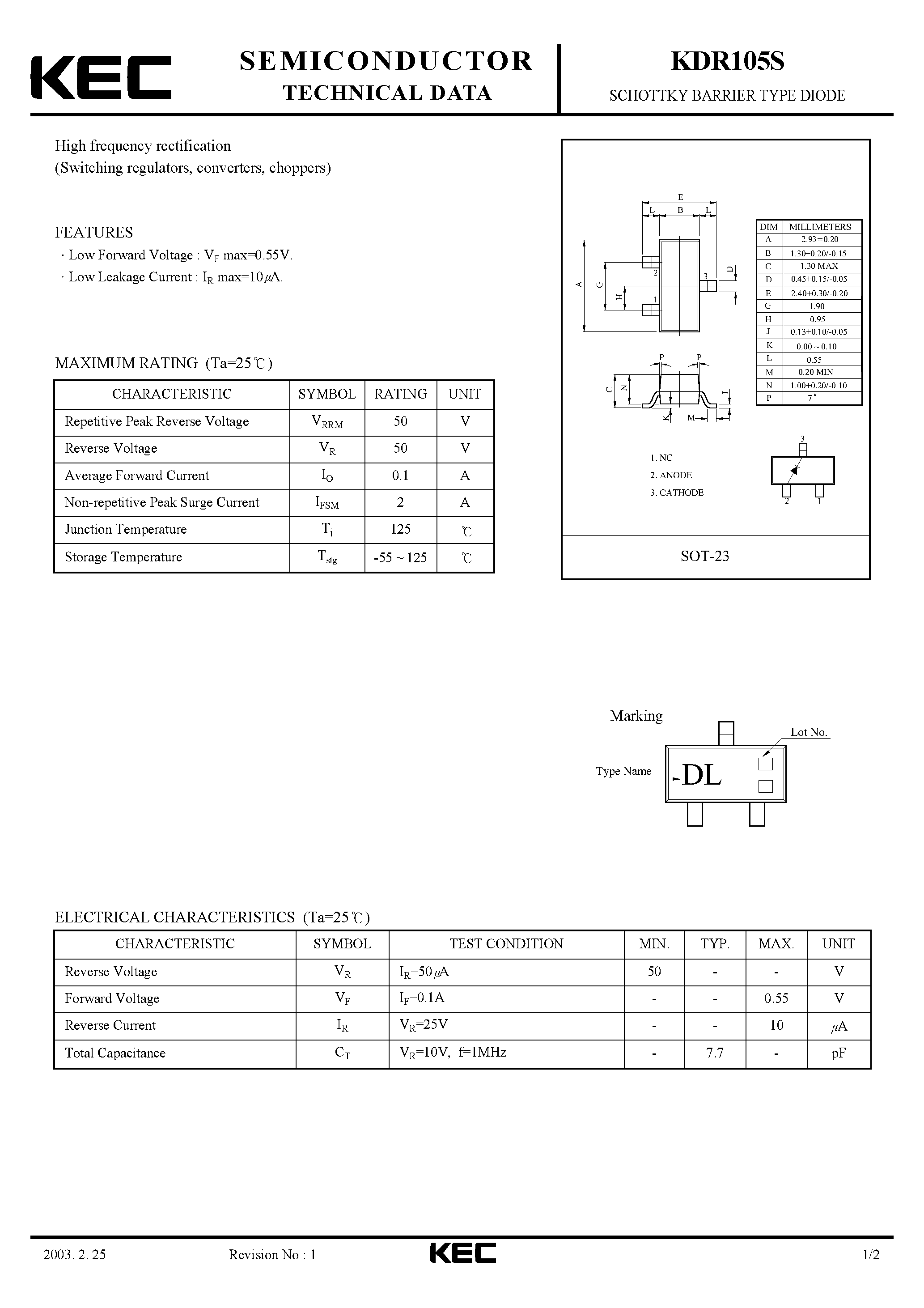 Datasheet KDR105S page 1 Datasheet KDR105S - SCHOTTKY BARRIER TYPE DIODE(HIGH FREQUENCY RECTIFICATION) page 1