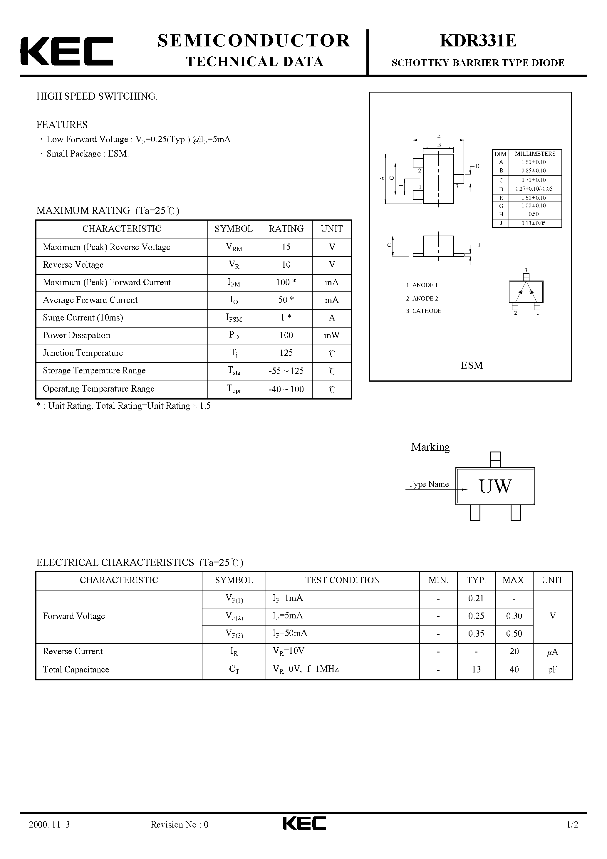 Datasheet KDR331E page 1 Datasheet KDR331E - SCHOTTKY BARRIER TYPE DIODE(HIGH SPEED SWITCHING) page 1