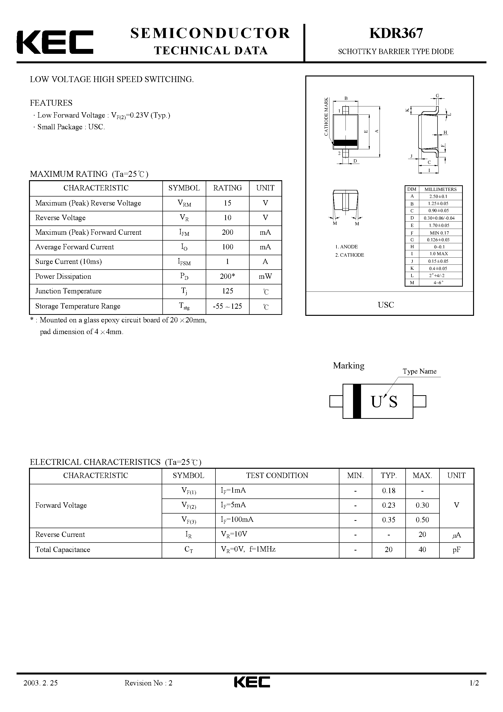 Datasheet KDR367 page 1 Datasheet KDR367 - SCHOTTKY BARRIER TYPE DIODE(LOW VOLTAGE HIGH SPEED SWITCHING) page 1