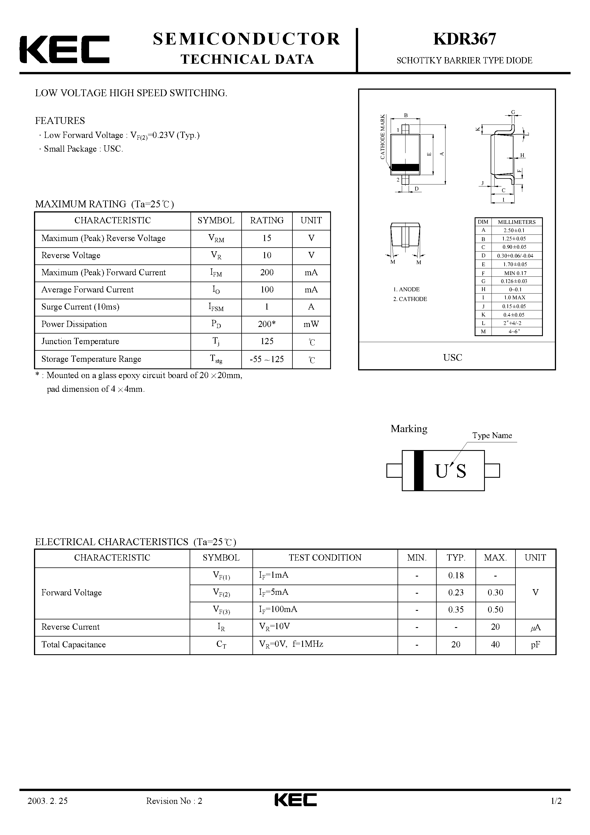 Datasheet KDR367 - SCHOTTKY BARRIER TYPE DIODE(LOW VOLTAGE HIGH SPEED SWITCHING) page 1