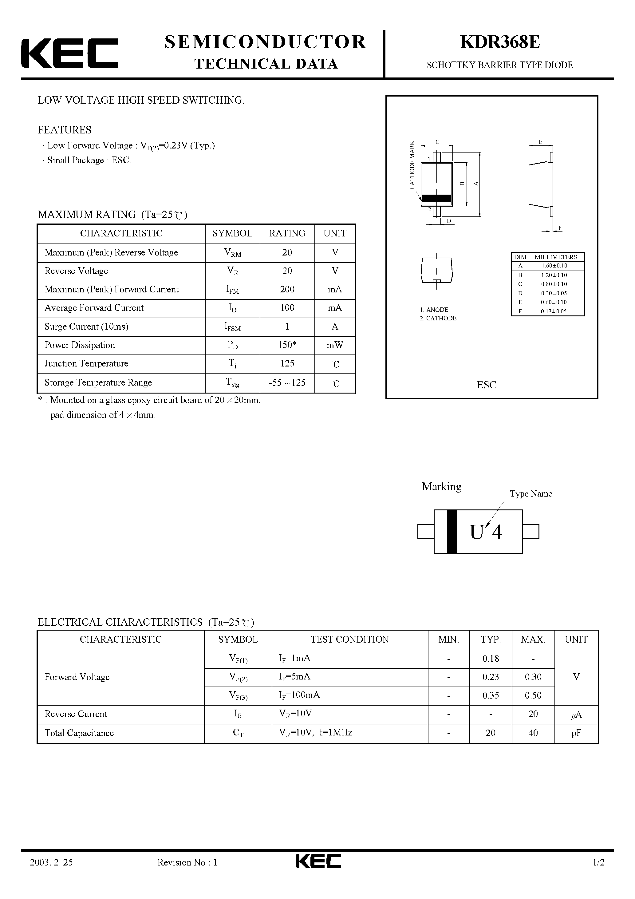 Даташит на микросхему KDR368E страница 1 Даташит KDR368E - SCHOTTKY BARRIER TYPE DIODE(LOW VOLTAGE HIGH SPEED SWITCHING) страница 1