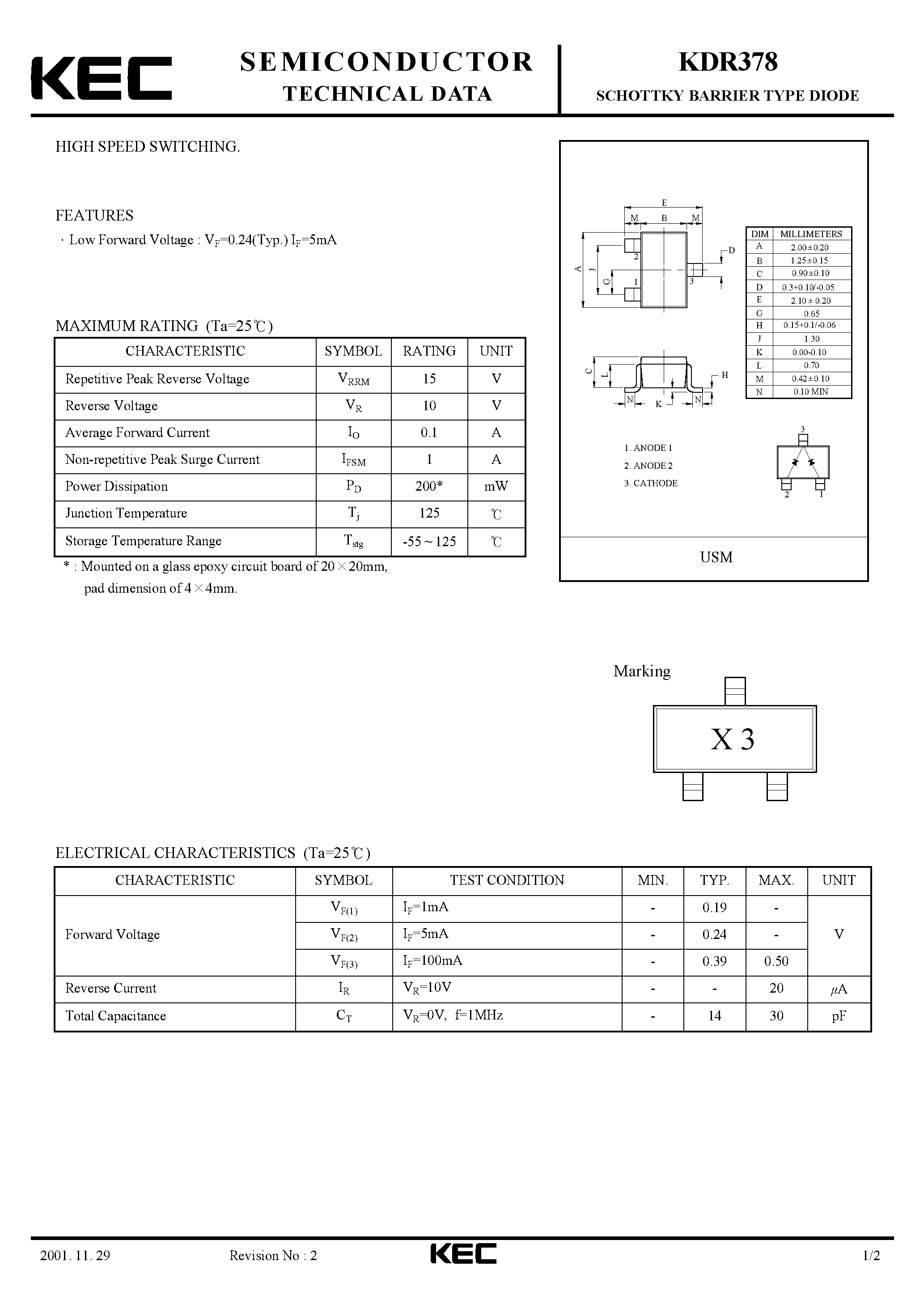 Datasheet KDR378 page 1 Datasheet KDR378 - SCHOTTKY BARRIER TYPE DIODE(HIGH SPEED SWITCHING) page 1